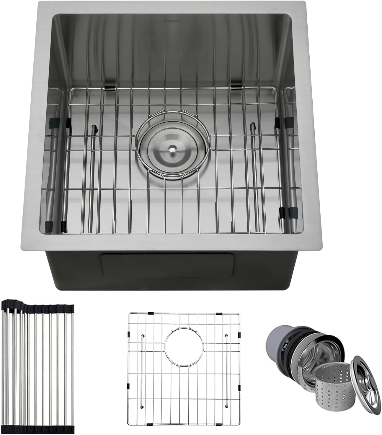bar sink - pepo undermount stainless steel small kitchen sinks 16 gauge single bowl with accessories, high-end handmade basin for rv outdoor (stainless silver, 18"x18"x9") stainless silver 18"x18"x9"
