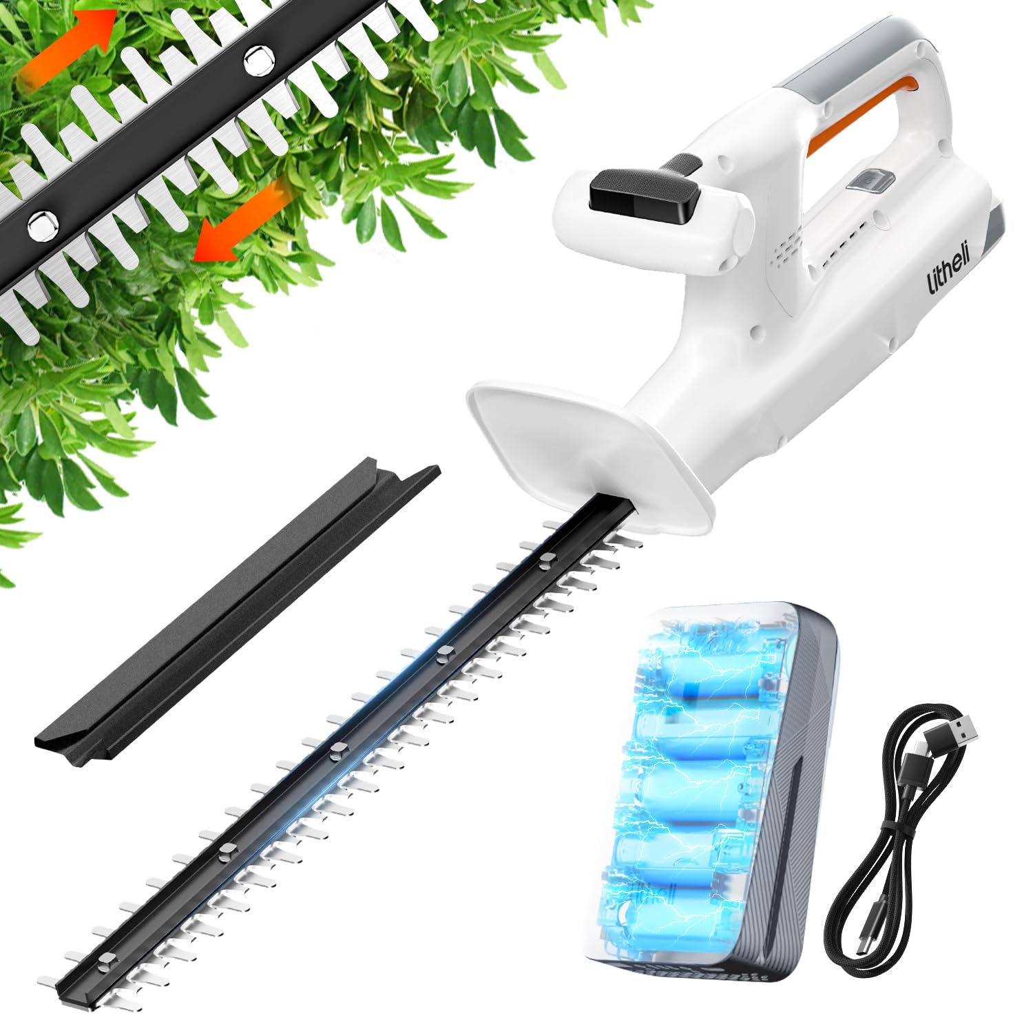 Litheli Akumulatorowe nożyce do żywopłotu 20 V z akumulatorem 2,0 Ah, Hedge Trimmer z akumulatorem 2,0 Ah. Ergonomiczny uchwyt, długość 45 cm do łatwego przycinania, lekkość cięcia