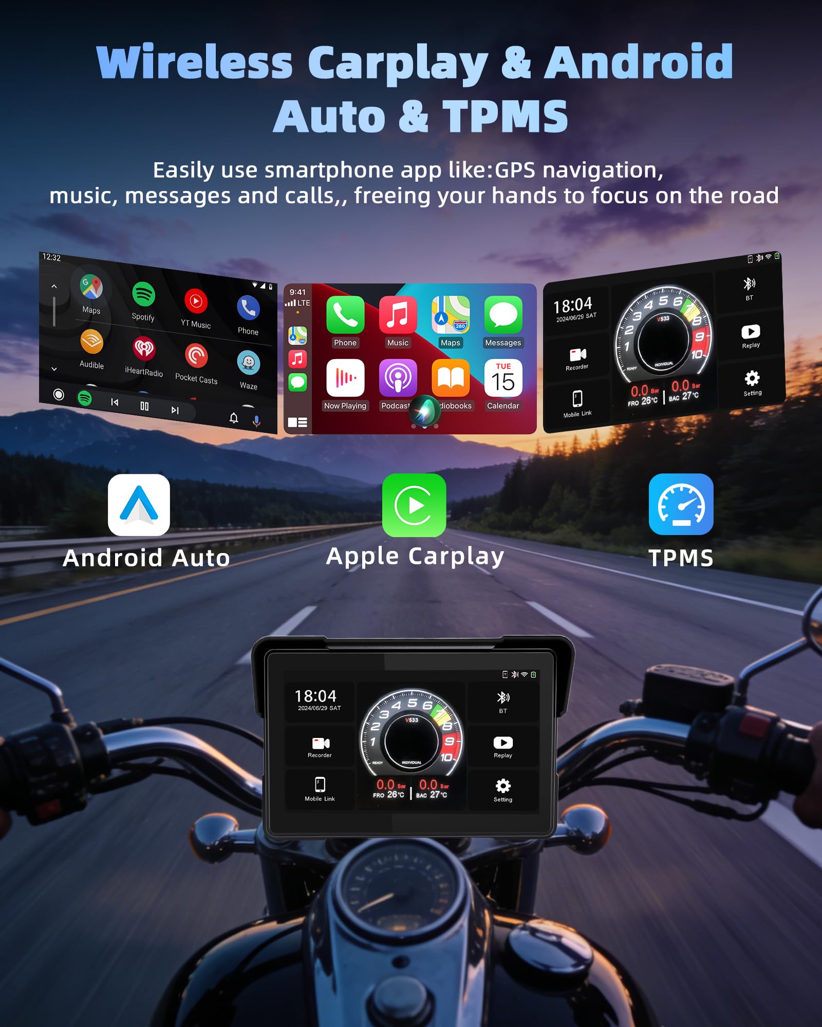 Jansite Carplay Moto Android Auto con TPMS, 7" GPS Moto Navegador Pantalla Táctil Resistente al Agua IP67 Bluetooth Siri y Asistente de Google - 2