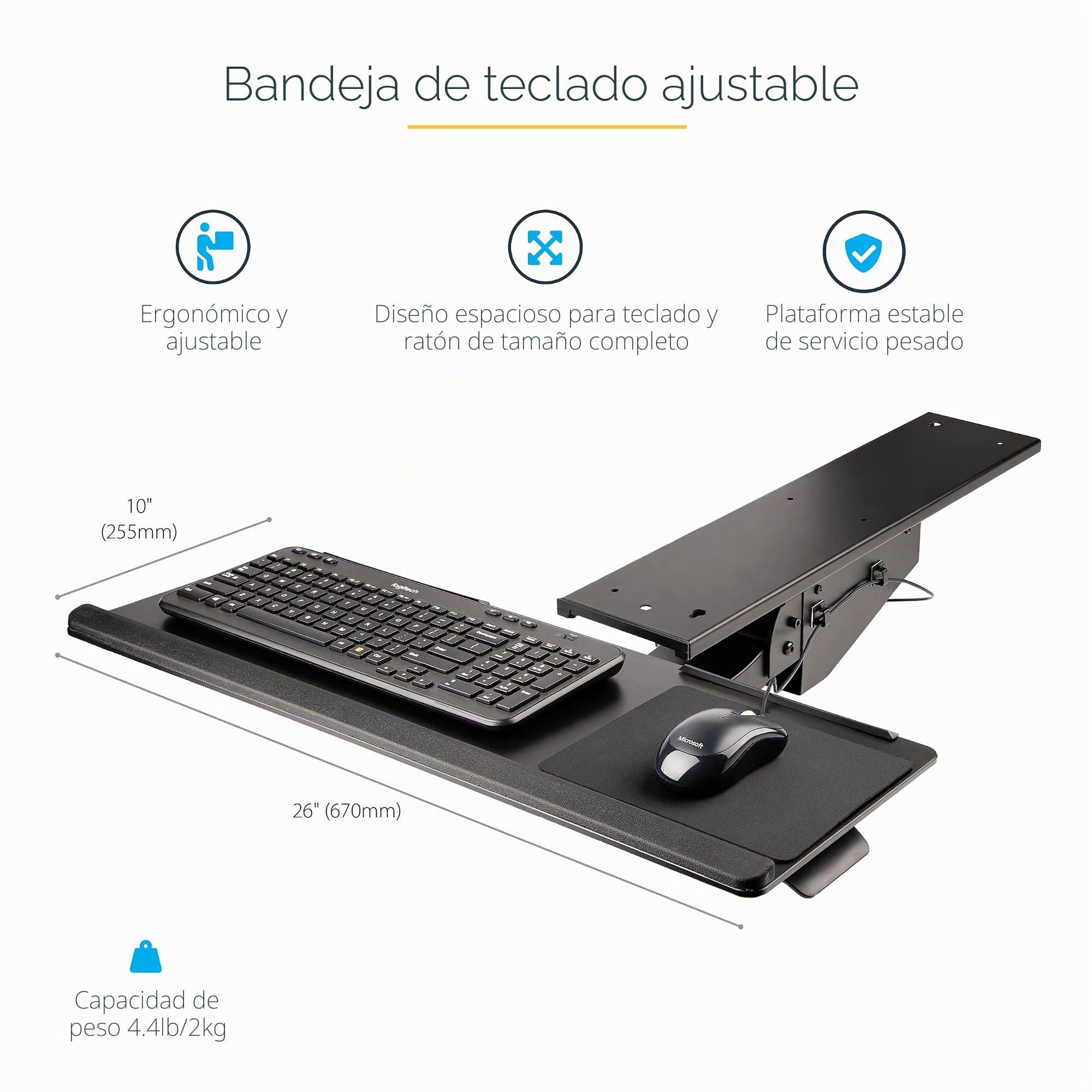 StarTech.com Bandeja para Teclado y Ratón para Debajo del Escritorio, 30cm x 78cm, Altura Ajustable, Soporte Ergonómico para Teclado y Mouse, Soporte para las Muñecas, Giro e Inclinación (KBTRAYADJ2) | Bandeja de teclado y mouse ajustable en altura y movi