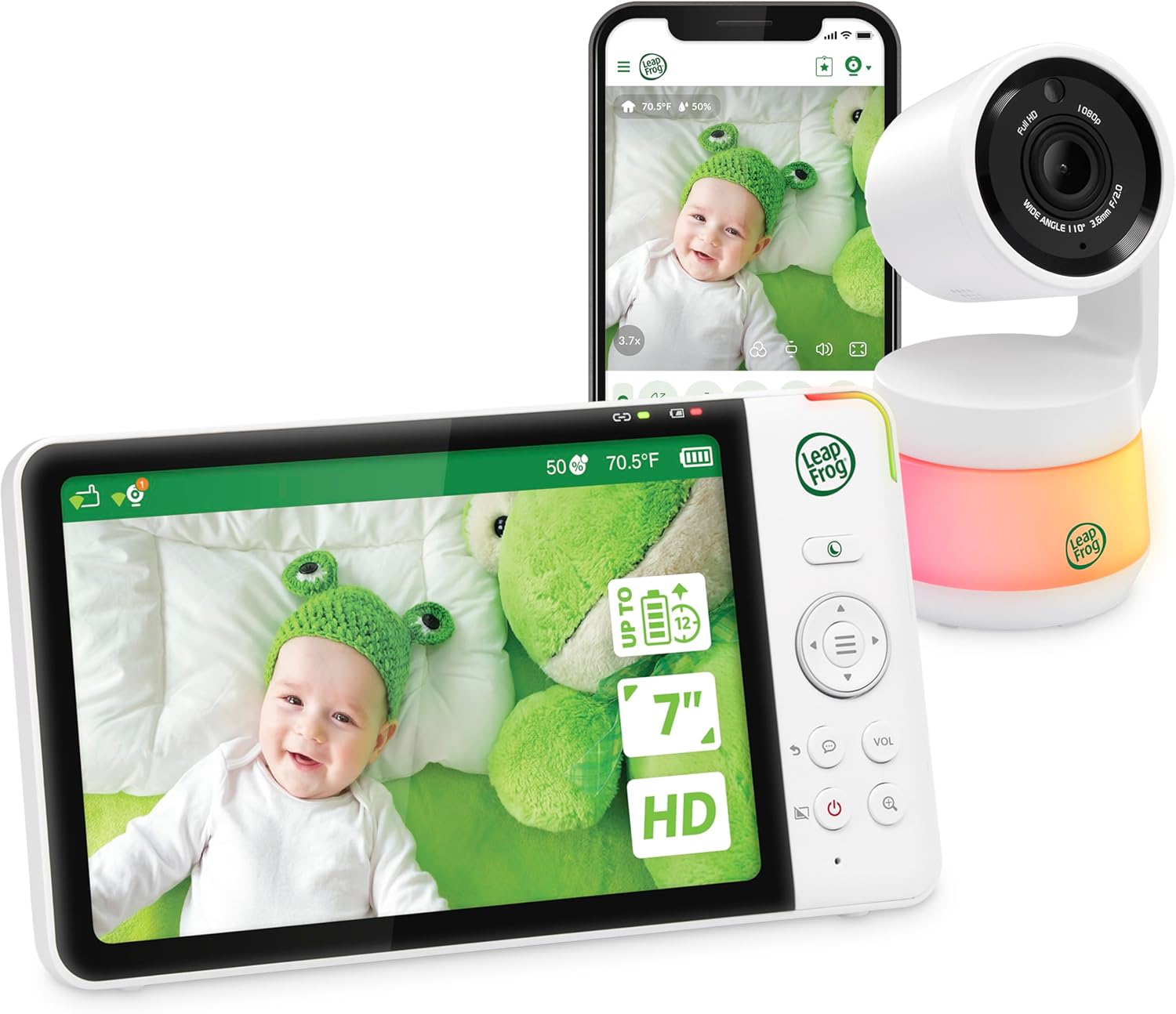 LeapFrog LF930HD Baby Monitor, 7” 720p HD Display,Video Baby Monitor with Camera and Audio, 1080p Smart Remote Access,360° Pan & Tilt,Color Night Light &Vision, Two-Way Intercom 7" LCD - Image 1 of 10
