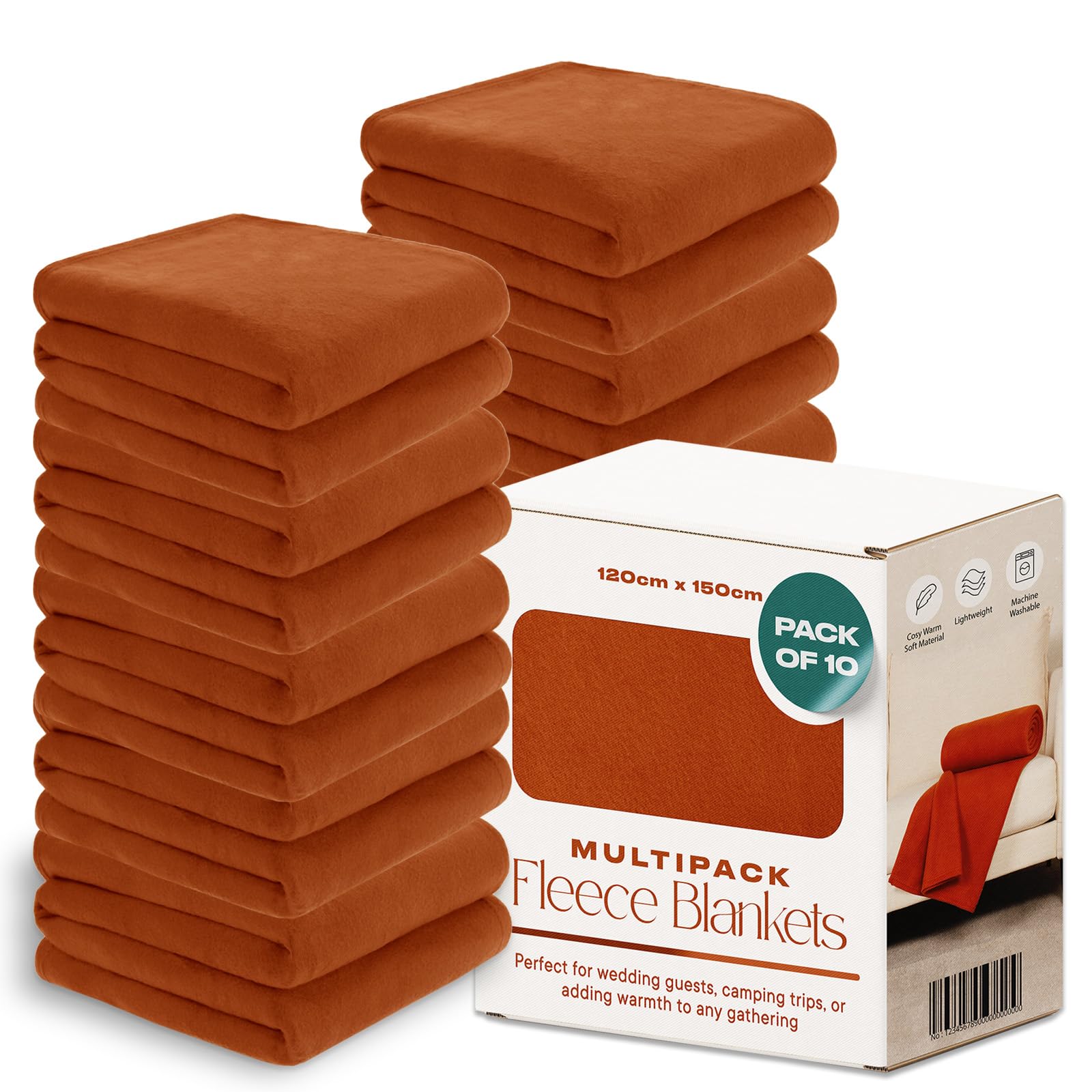 Dreamscene Rust Orange 10 X Plain Fleece Blankets Wholesale, Soft Cosy Warm Throws For Sofas Bed Couch Settee Blanket Multipack Joblot Travel Garden Blanket Single Bed Throw, Rust - 120 X 150Cm