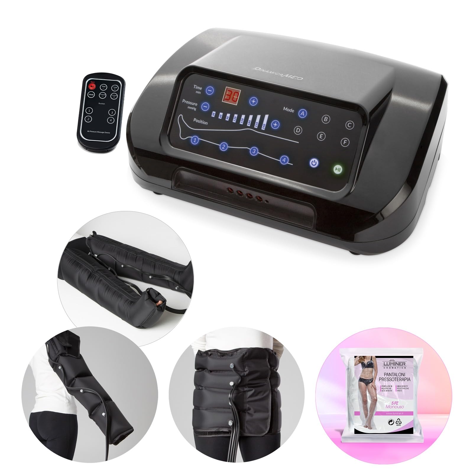 Dinamicamed ® PRO 4.0 Pressoterapia Linfodrenaggio Professionale Digitale Classic, Pressoterapia per Casa, Massaggio con 4 Camere d'Aria 2Gambali XL, Fascia Addome, Bracciale e 5 Pantaloni Polietilene