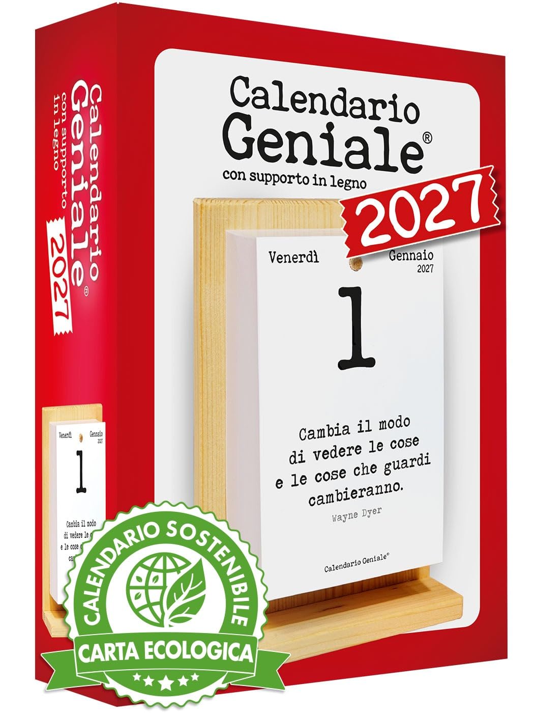 Calendario Geniale 2027. L'Originale Eco Sostenibile. Il Primo con Bonus digitali. Idea Regalo con Scatola. Supporto in Legno di Abete Naturale. Leggi ogni giorno una frase e il pensiero Filosofico.