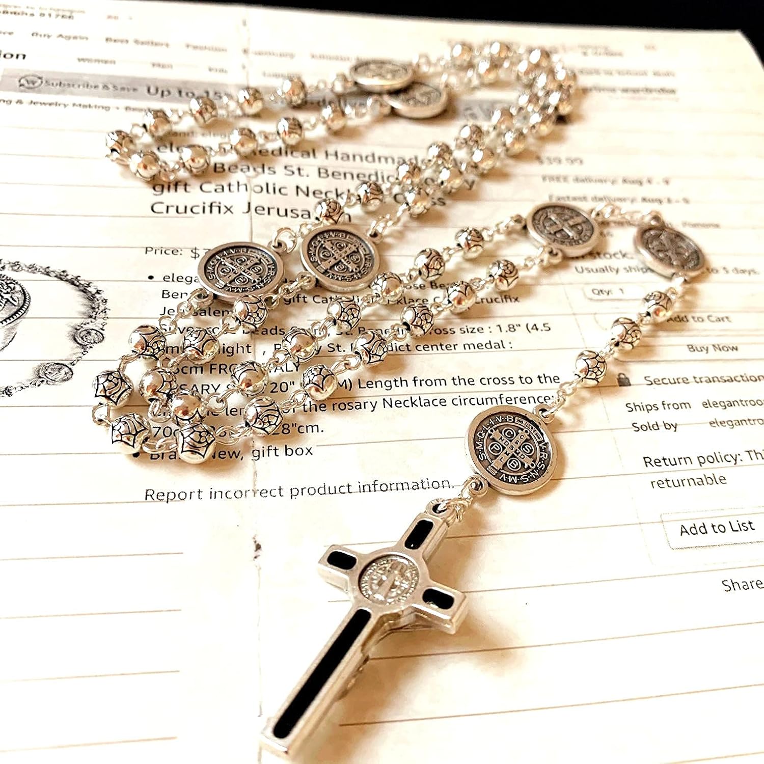 elegantmedical Handmade Silver Rose Beads St. Benedict Rosary gift Catholic Necklace Cross Crucifix Jerusalem