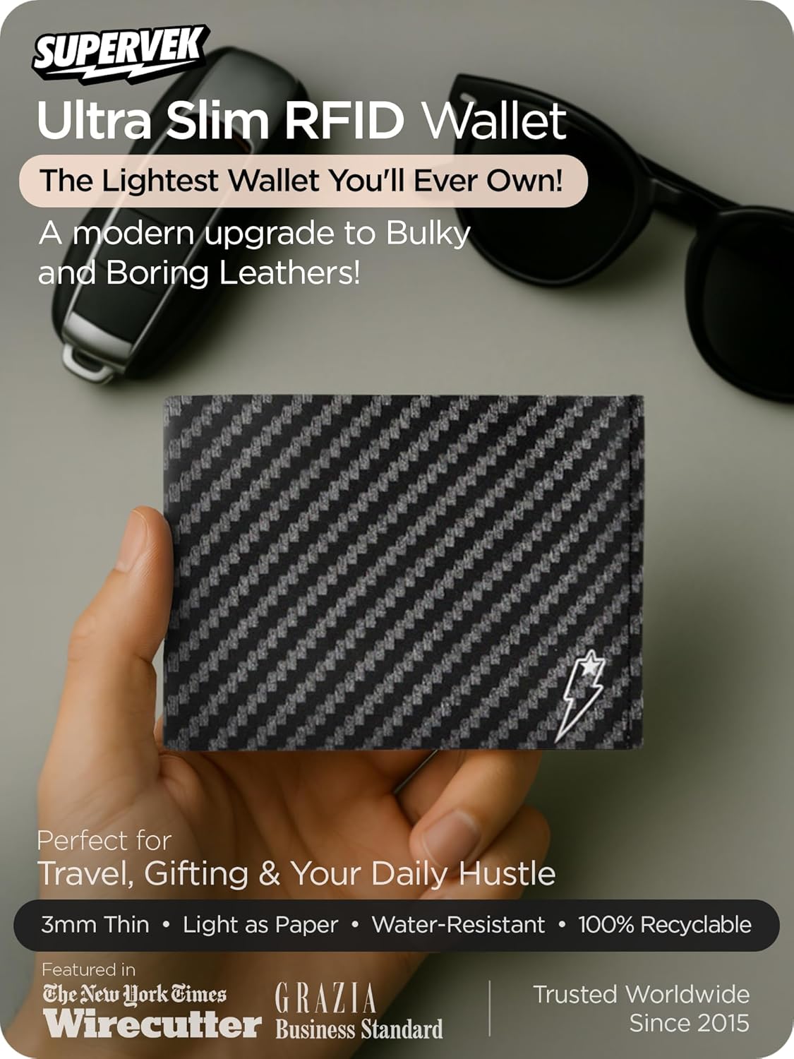 SUPERVEK Carbon Fiber Stitched Paper Wallet - Vegan Mighty Thin Tear & Water-Resistant Slim Wallet for men - Mens Credit Card Holder Wallet - Minimalist Streetwear Bifold Wallets for Men - RFID - Image 2