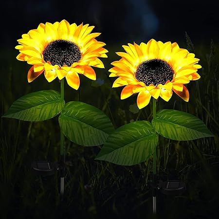 Quace Solar Powered Realistic Sunflower Lights Waterproof Decorative Landscape Lights for Garden Patio Yard Pathway (Pack of 2)(Plastic)