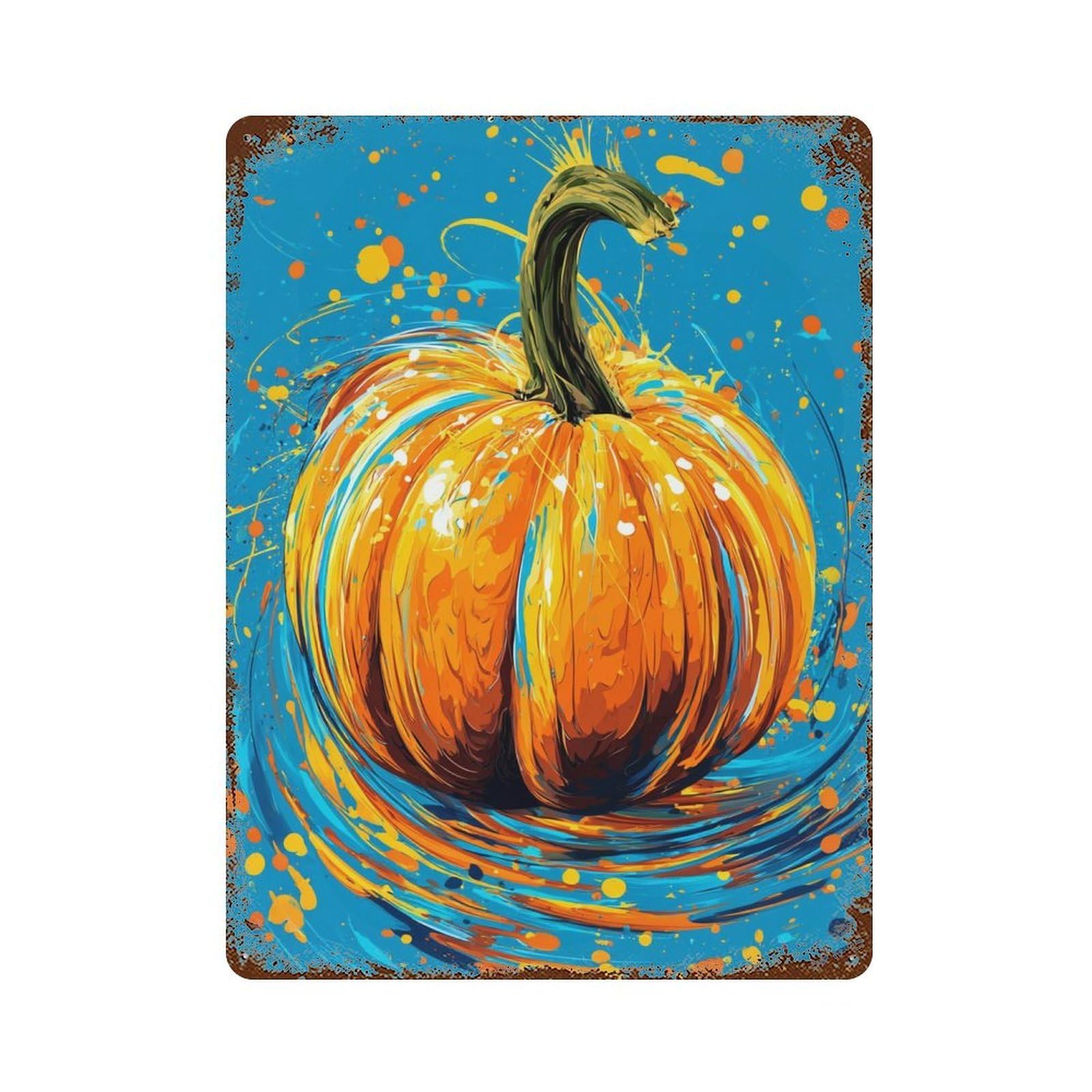 Vintage Rust Metal Sign with Autumn Pumpkin Art Print Design 15.7"x11.8", for Office, Studio And Wall Decor, Farmhouse Wall Decor