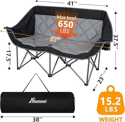 Miniatura 2 de Romswi Silla de campamento doble, silla de campamento para 2 personas, sofá biplaza plegable de gran tamaño, sofá de campamento resistente y sofá al