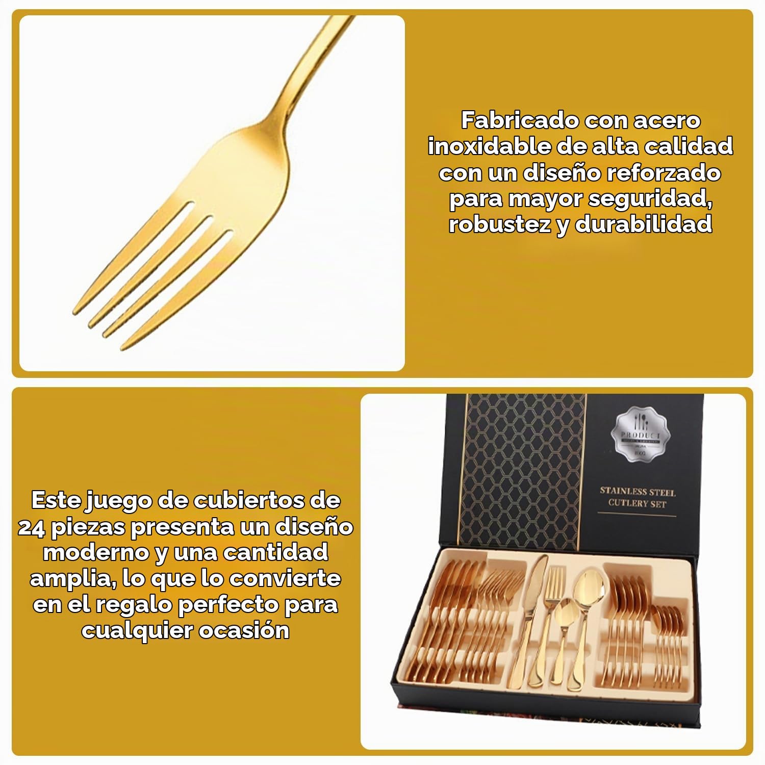 Juego de Cubiertos de 24 Piezas, Juego de Regalo de Cubiertos de Acero Inoxidable, Juego de Cuchara, Tenedor y Cuchillo para Carne para el Hogar, Cocina, Restaurante, Boda(Oro)