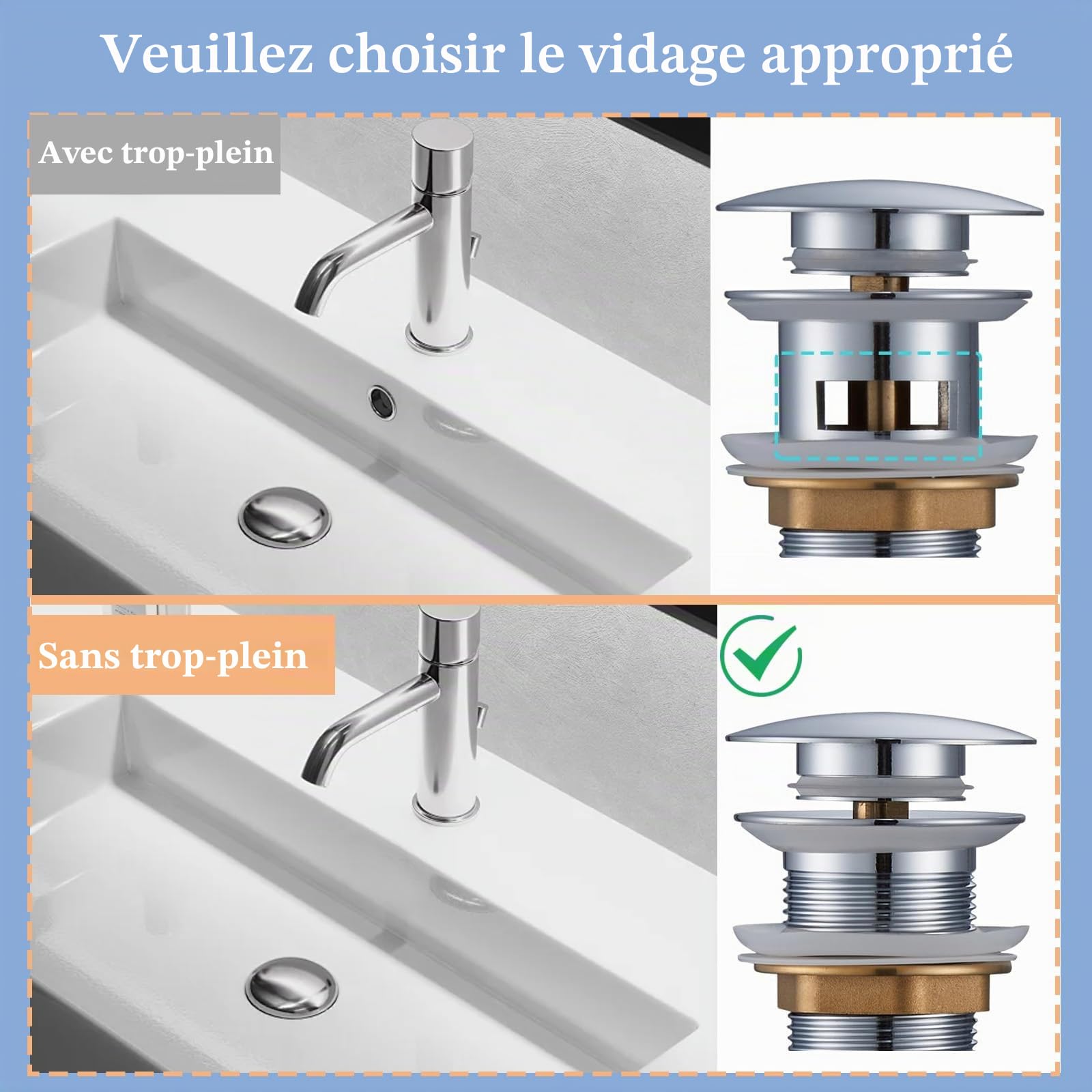 Siphon de Lavabo, Siphon Lavabo Salle De Bain Sans Trop-plein, Réglable Siphon Universel Avec Robinet de Vidange à clapet, Siphon Tubulaire en Zinc Pour Lavabo de Salle de Bain, Chromée