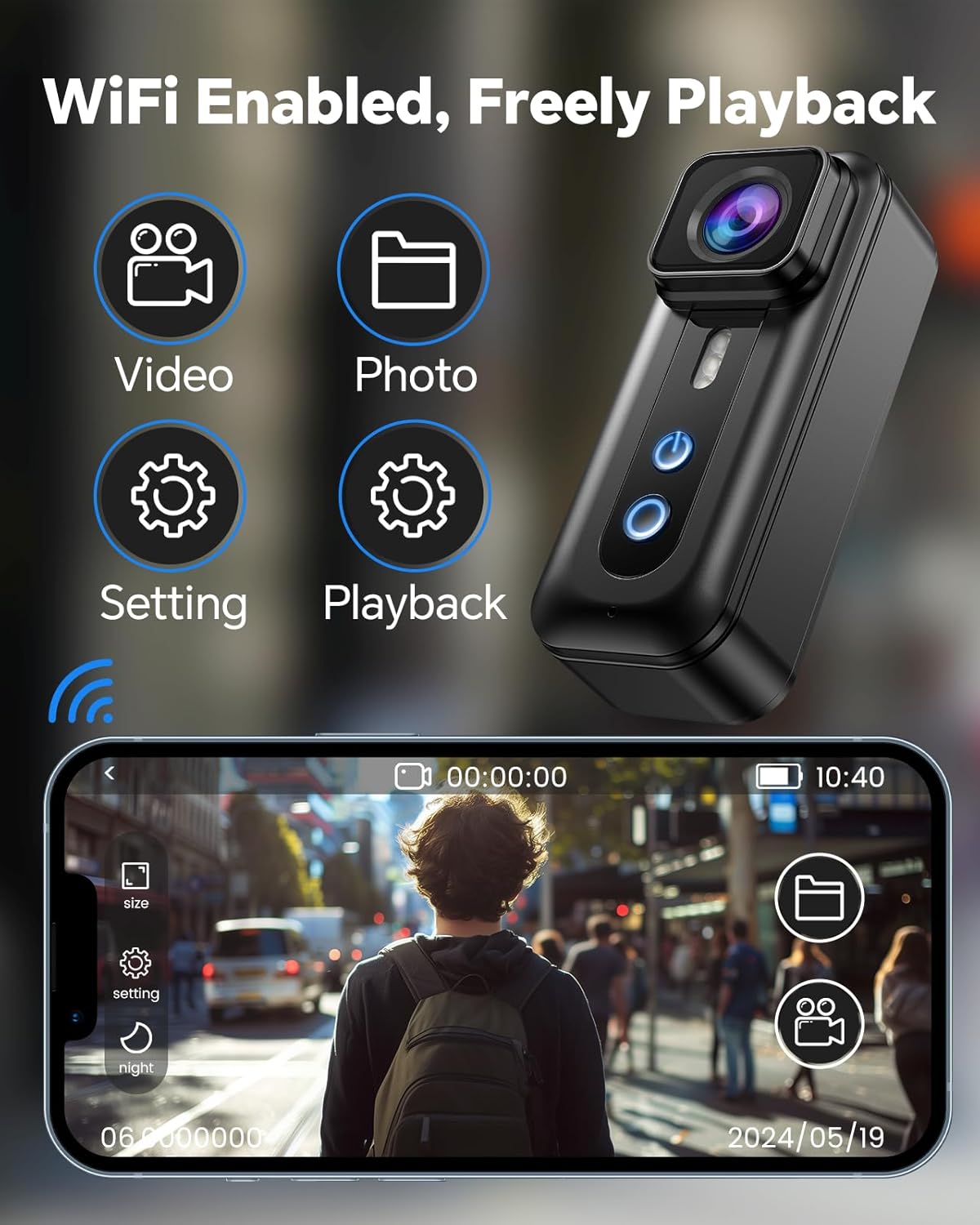 BOBLOV F5 Body Camera displaying Wi-Fi connectivity, with a smartphone screen showing the camera's app interface for video playback and settings.