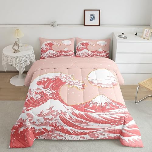 Miniatura 40 de Feelyou - Juego de edredón de olas japonesas tamaño queen para niños, flores de cerezo, edredón para niños, niñas y adolescentes, decoración de Azul