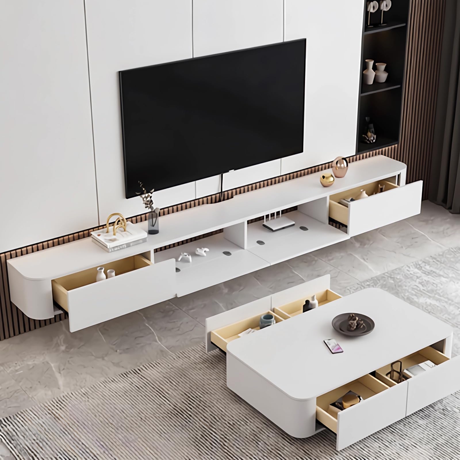 Mueble de TV Flotante, Soporte de montado en la Pared con Dos cajones, Consola Multimedia para, Mueble de TV Grande para Sala de Estar y Oficina (140cm/55.1in,Blanco-A)