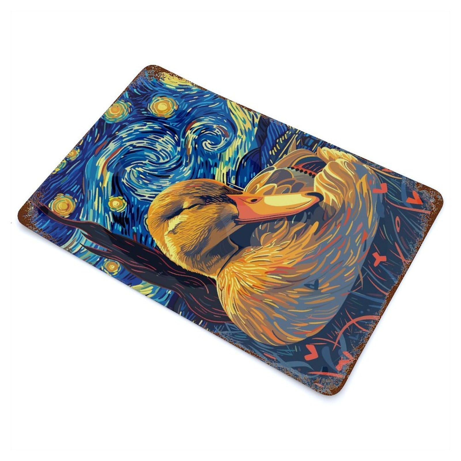 Duck in Starry Night Style Vintage Metal Tin Sign 11.8"x7.9", Old School Wall Decor for Living Room, Hallway And Home Decor