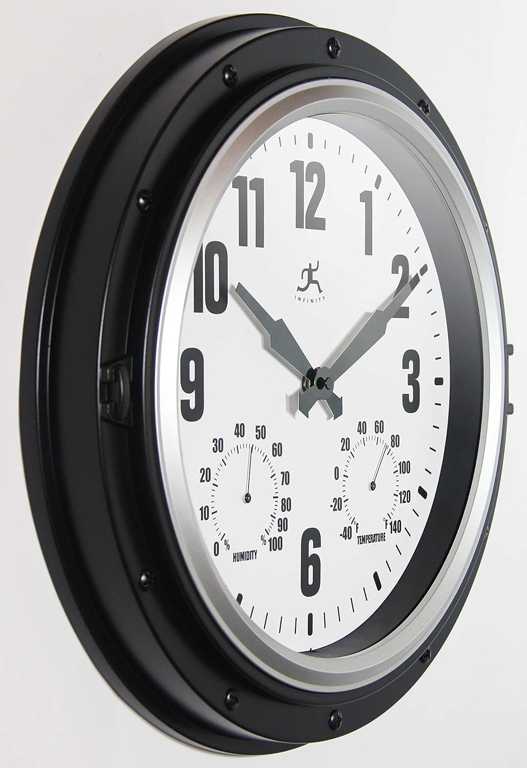 Infinity Instruments Forecaster Indoor/Outdoor Wall Clock, Thermometer, Hygrometer Combo, Stylish Durable Waterproof Weather Station for Your Home, 16 Inch, Black