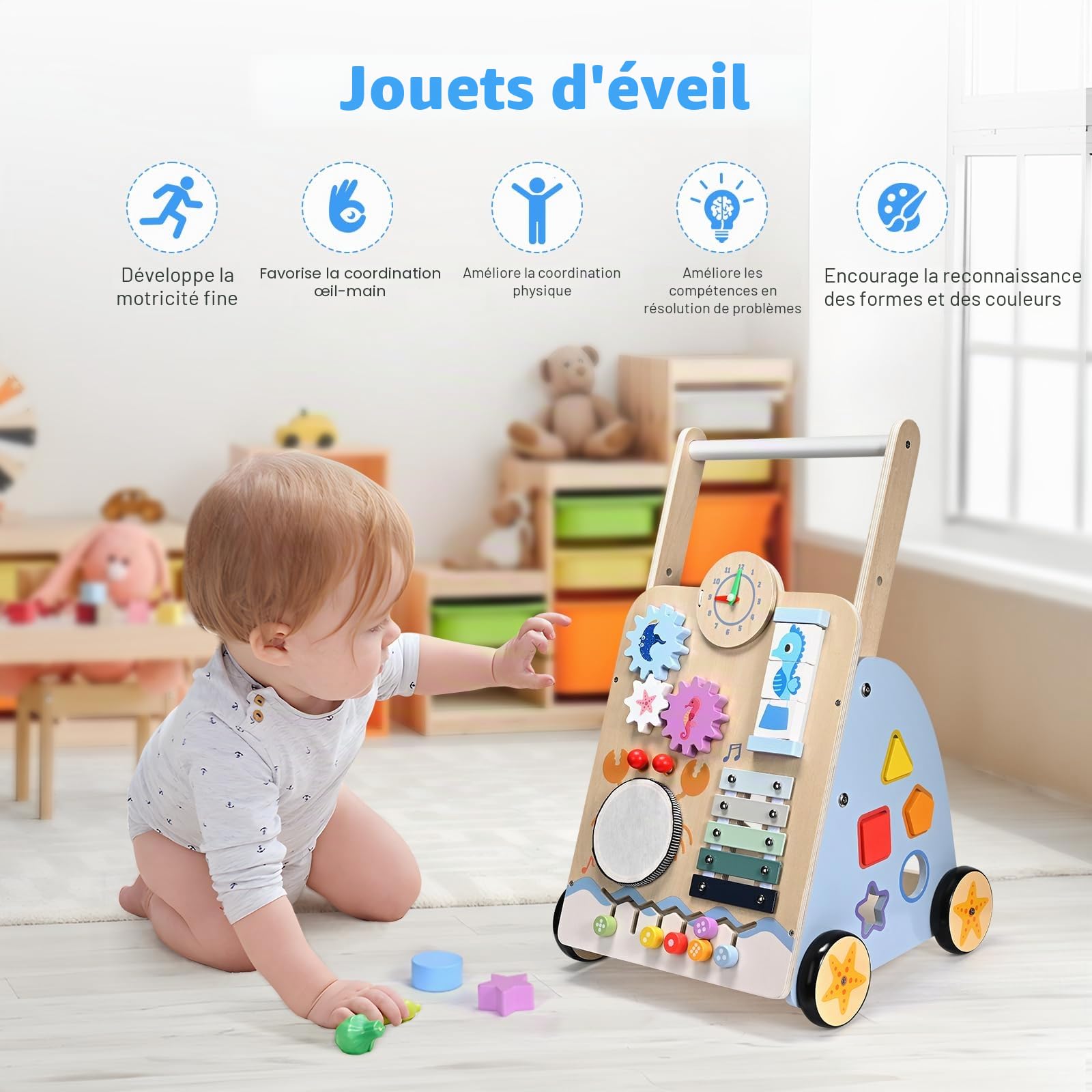 chariot de marche bebe, multifonctionnel Trotteur bébé en bois 8 en 1 pour enfants de 3 à 9 mois, avec roues et blocs de construction pour l'éducation précoce, cadeau adapté