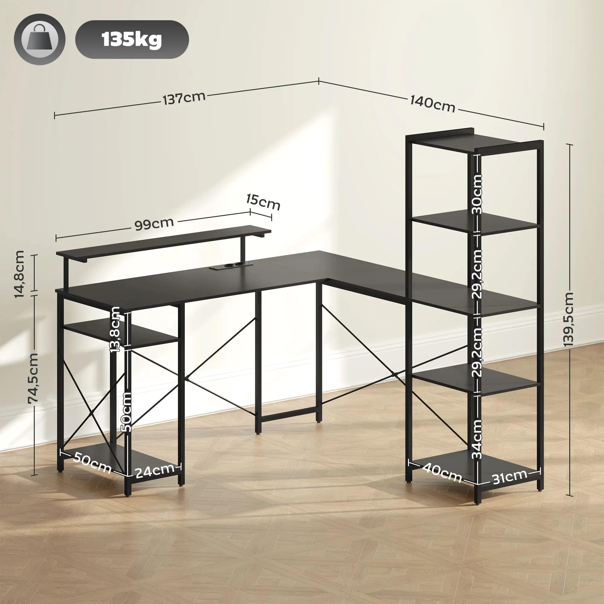 I0I&I0I Eckschreibtisch L-förmig 137x140 cm in Schwarz, Computertisch mit USB-Steckdose, Monitorständer & 6 Ablagen, Metall-Bürotisch mit Regal, Homeoffice Arbeitstisch Stabil & Platzsparend (Stil 1)
