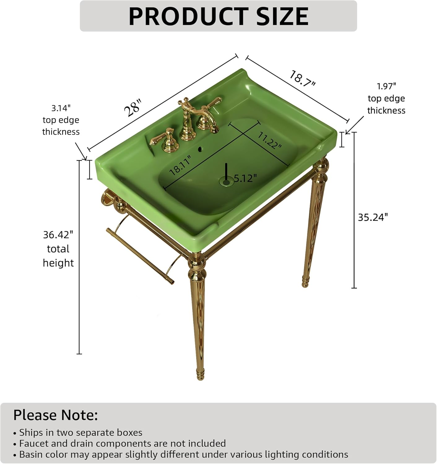 28 Inch Console Bathroom Vanity with Ceramic Sink, Open-Frame Stainless Steel Legs with Towel Bar, 3 Faucet Holes, Wall-Mounted Support, No Faucet (Gold Frame | Green Sink)