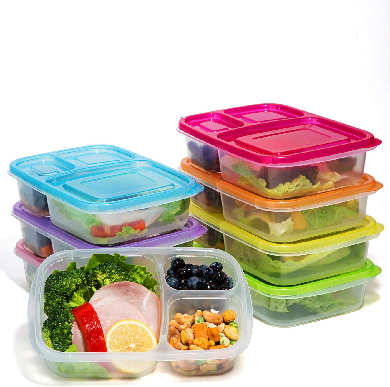 Meal Prep Containers 7-16 Pack Bento Lunch Boxes - 3 Compartment Food Storage Container with Lids (Colorful, 7-3)