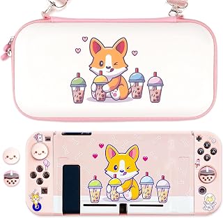 BelugaDesign Corgi Boba Carrying Case Bundle | White Pink Pastel Protector | Cute Kawaii Anime Dog Bubble Tea Paws | Compatible with Nintendo Switch 1 Standard (Pink, Switch STANDARD Bundle)