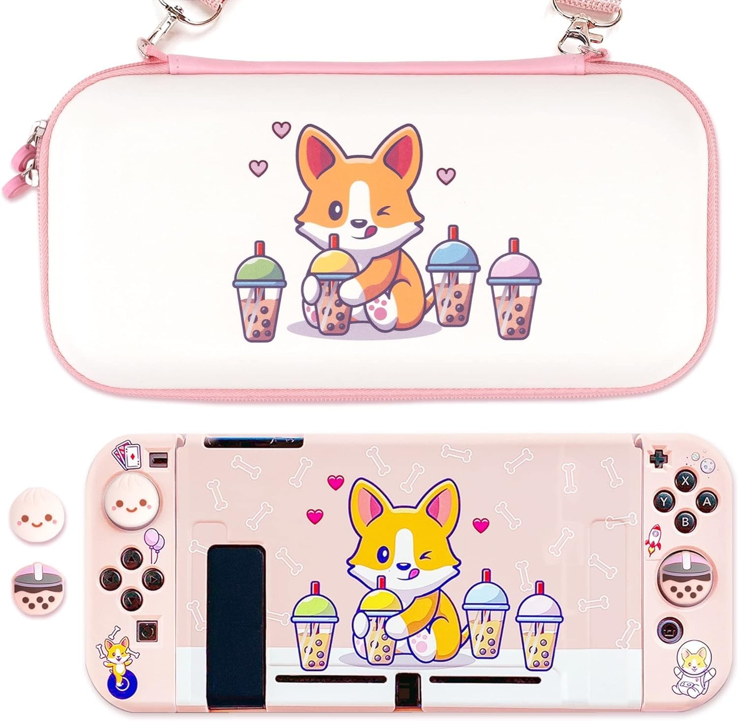 BelugaDesign Corgi Boba Carrying Case Bundle | White Pink Pastel Protector | Cute Kawaii Anime Dog Bubble Tea Paws | Compatible with Nintendo Switch 1 Standard (Pink, Switch STANDARD Bundle)
