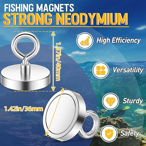 Miniatura 2 de Imanes de pesca de neodimio fuertes, potencia de tracción de 150 libras (149.9 lbs), imanes de tierras raras, 1.42 pulgadas (1.417 in) de diámetro,