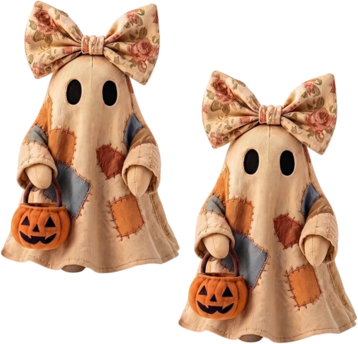 Lighted Vintage Patchwork Ghost, Quilted Ghost Doll with Pumpkin Lantern, LED Rustic Ghosts Tabletop Figurine, DIY Halloween Decor Patchwork Ghosts Lamp for Mantel Shelf Entryway Porch