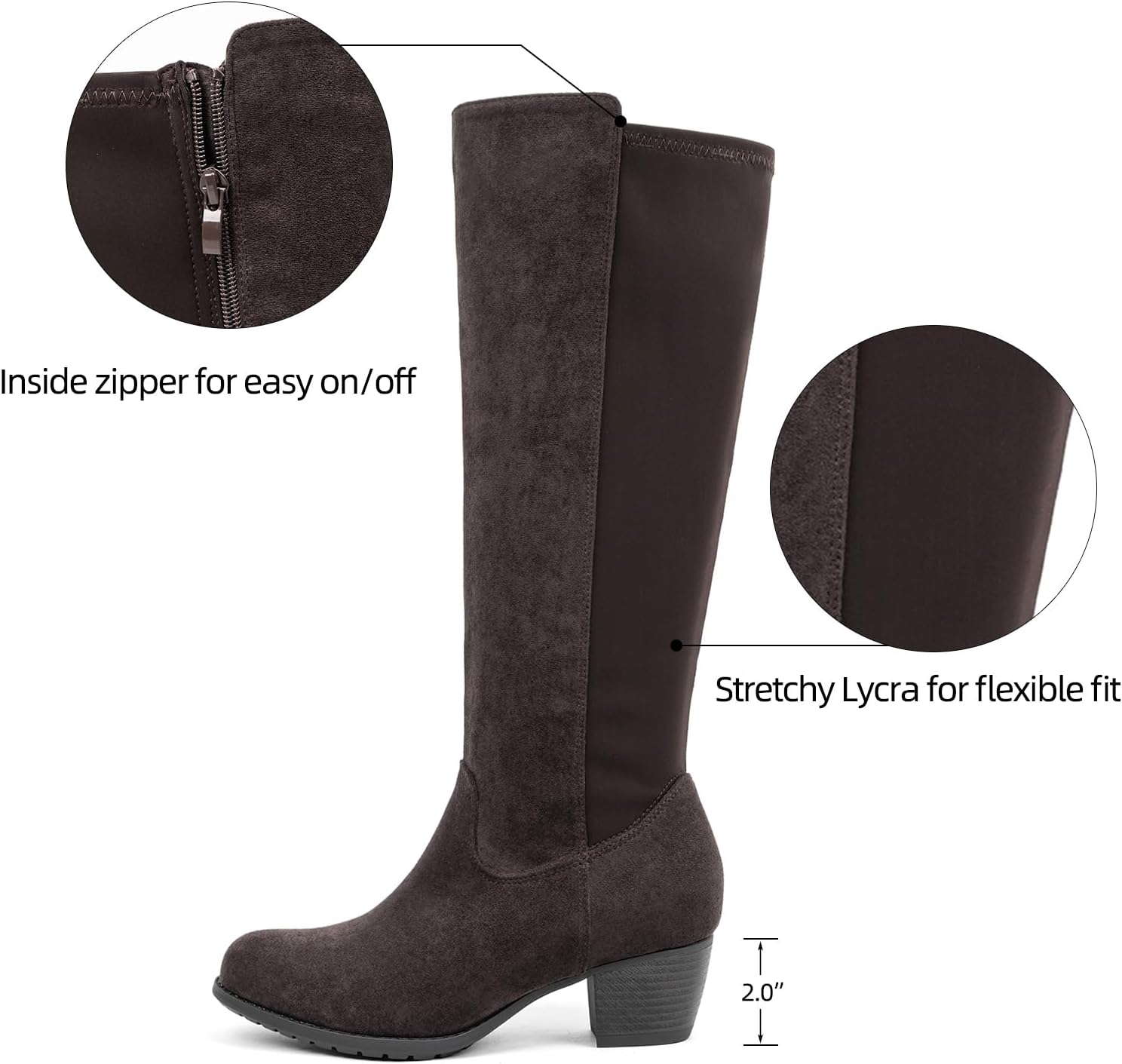 VJH confort Women's Knee High Boots, Round Toe Low Heel Stretchy Comfy Wide Calf Tall Riding Boot