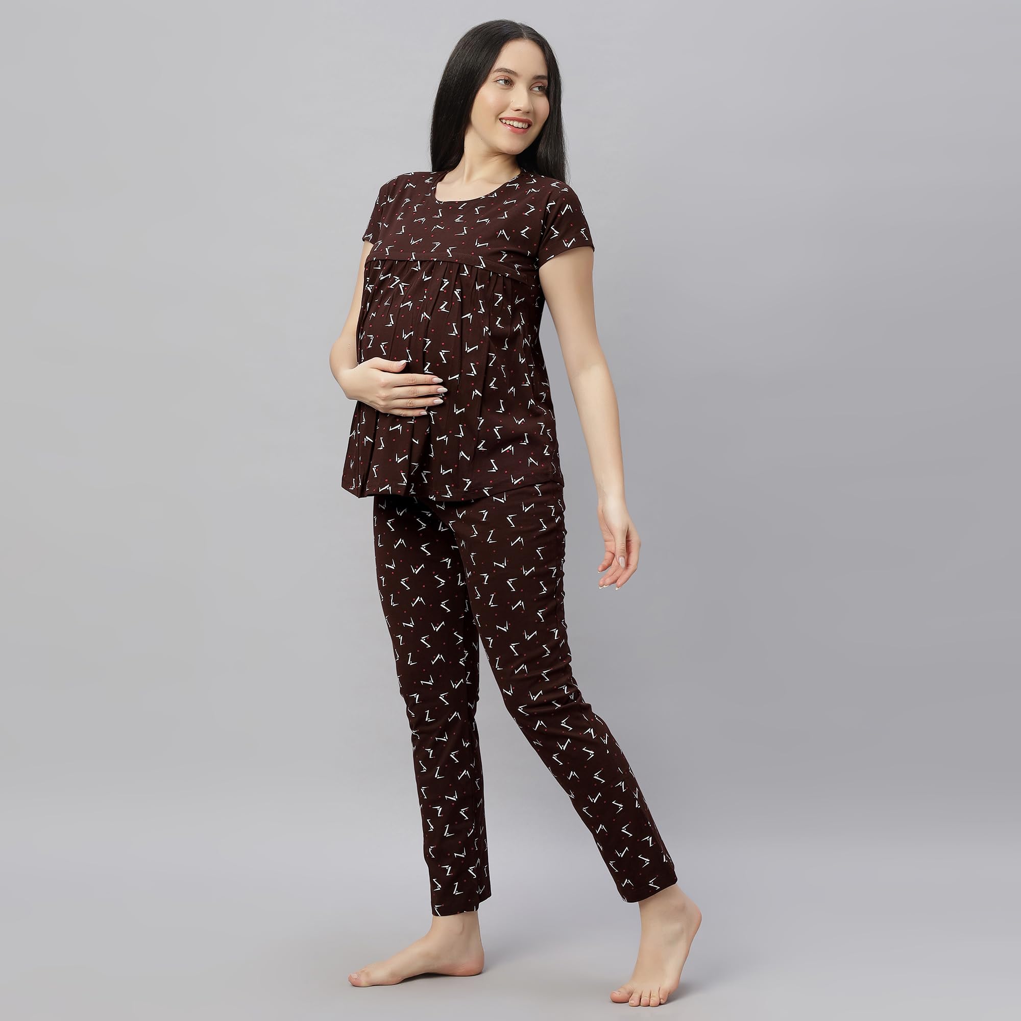 DZZO New Women's Cotton Printed Maternity Night Suit | Comfortable Feeding Night Dress | for Breathable Nursing Pajama Set | Color - Coffee, Size - M - Image 2 thumbnail