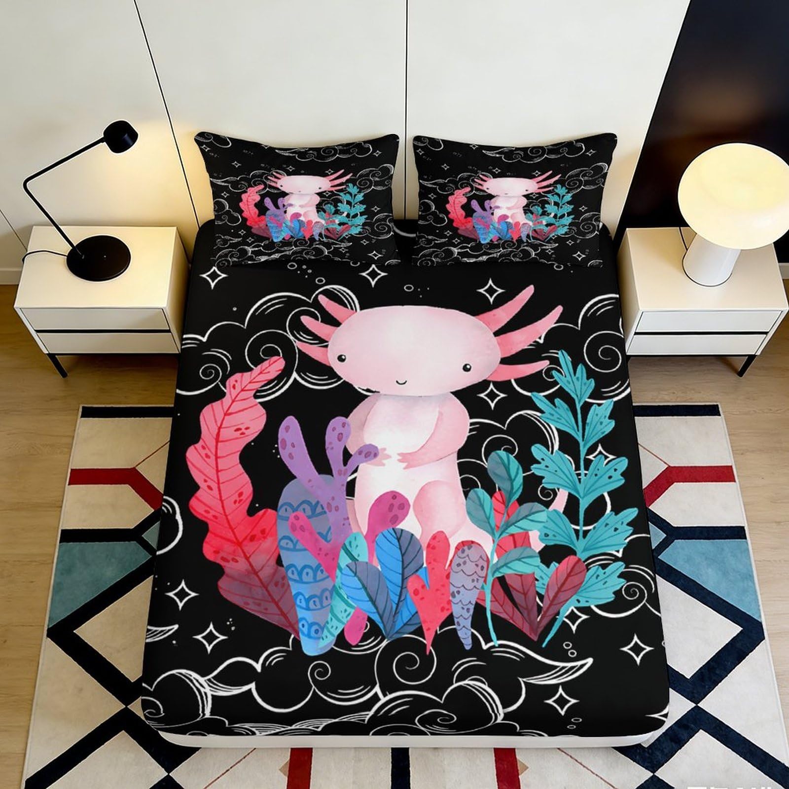 3D Printed Cute Axolotl Fitted Sheet Microfiber Black Underwater Plants Mattress Cover Anti-Slip for Bedroom Dorm Decor 90x200x25cm