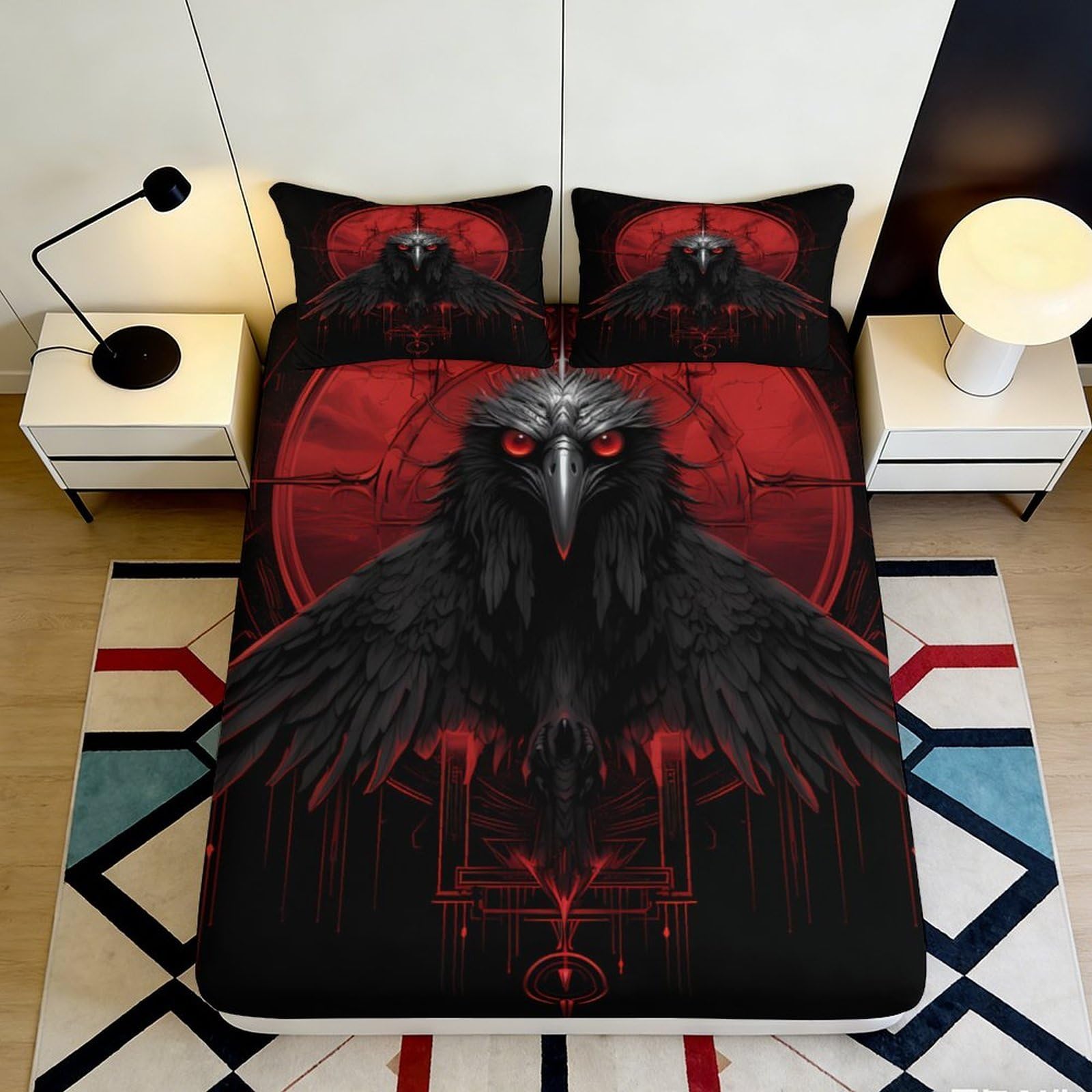 3D Printed Gothic Raven Fitted Sheet Microfiber Soft Breathable Dark Red Crow Bed Cover for Bedroom Dormitory Guest Room Mattress Protection 200x200x25cm