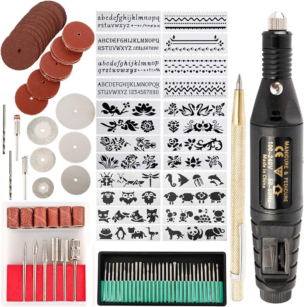Engraving Pen, 108 Pcs Engraving Tool Kit, Multi-Functional Electric Corded Micro Engraver Etching Pen DIY Rotary Tool for Jewelry Glass Wood Ceramic Metal with Scriber, 82 Accessories and 24 Stencils