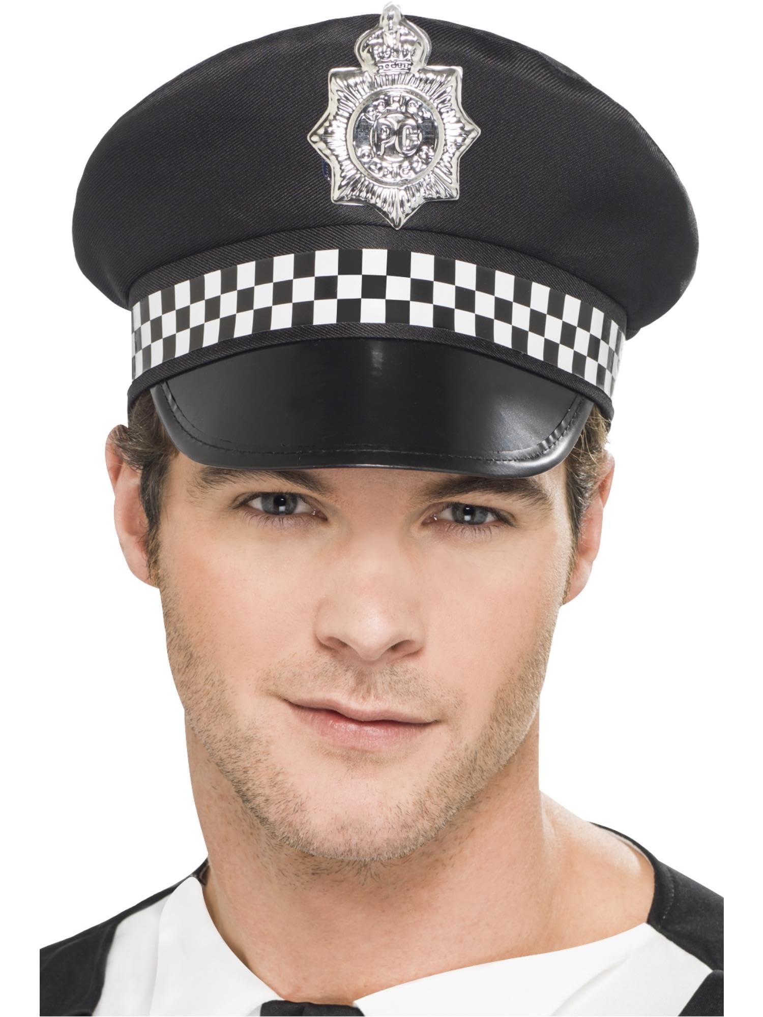 Smiffys Police Panda Cap, Black with Check Band, Cops & Robbers Fancy Dress, Cops and Robbers Dress Up Hats, Halloween