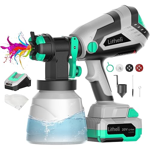 Litheli Cordless Paint Sprayer with Battery of 20V 4.0Ah, HVLP Paint Sprayer Gun with 1000ml Container and 3 Nozzles, Electric Powerful Paint Sprayers for House and Furniture Painting Fence Wall