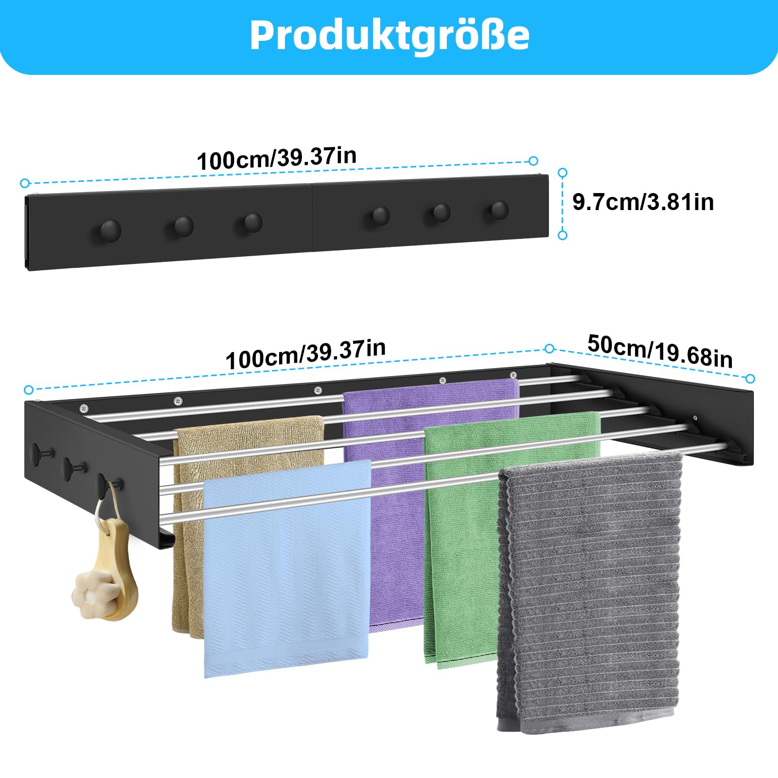 Wäscheständer Wandmontage Wäschetrockner Wand Ausziehbar 100cm Schwarz | Platzsparend Wand Wäschetrockner mit 6 Handtuchhaken, für drinnen oder draußen,Balkon, Terasse
