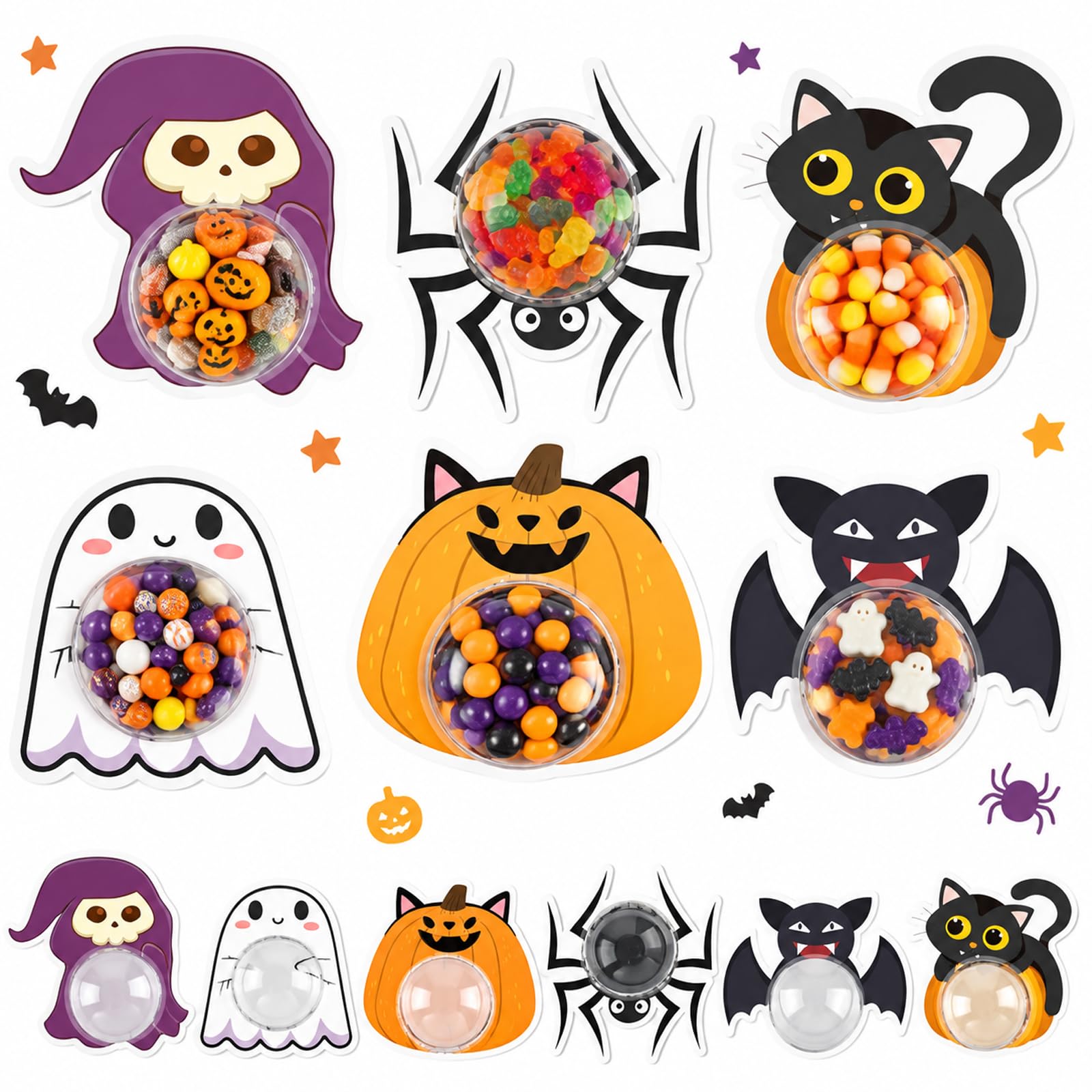 Halloween Treat Boxes 24pcs Ghost Bat Pumpkin Spider Candy Holders Halloween Cards with Half Ball Domes Gift Holder Trick or Treat Candy Boxes for Party Decorations