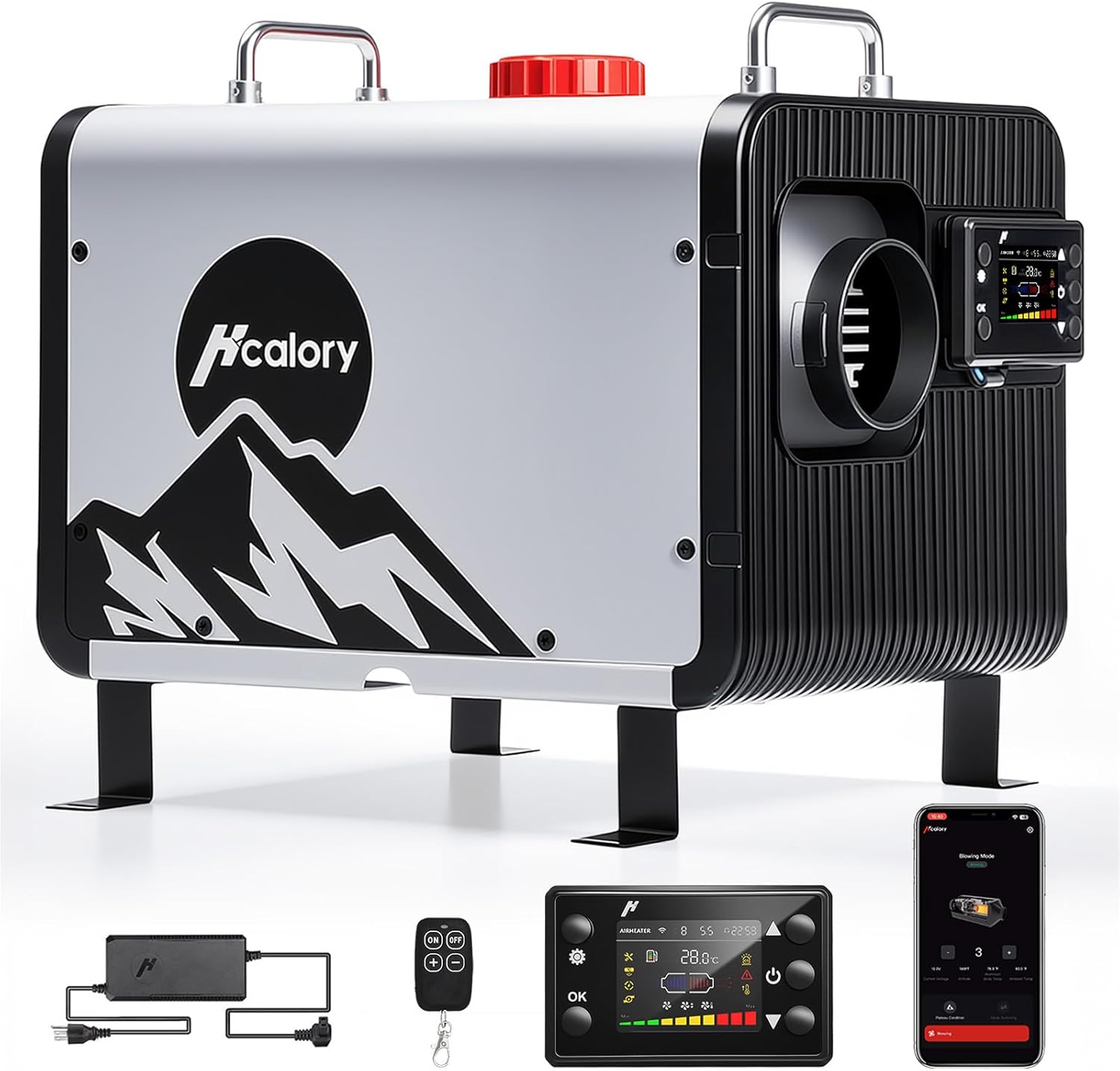 HCALORY HBH2 Portable Diesel Air Heater with included accessories: power adapter, remote control, and LCD control panel.