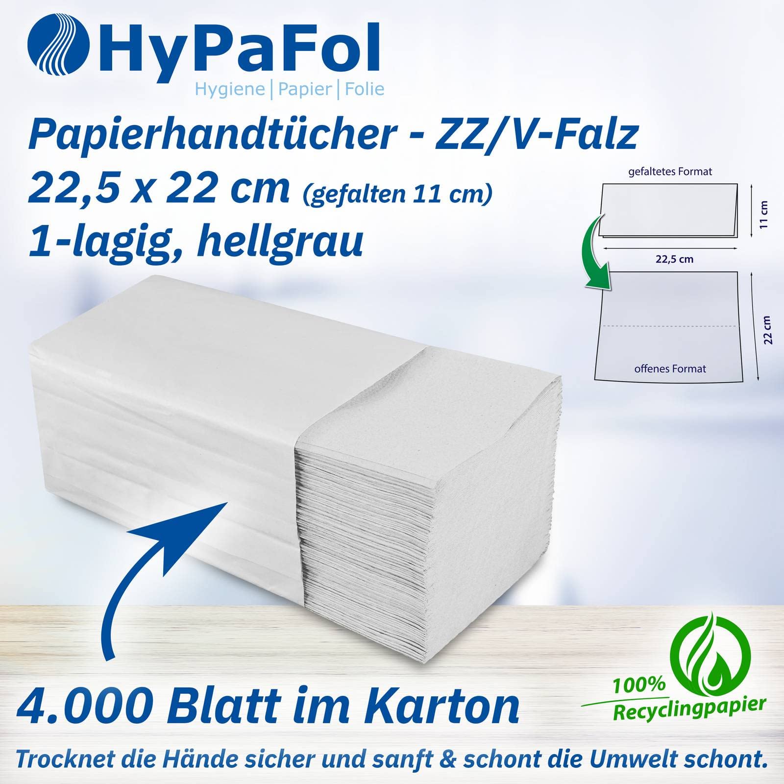 Hypafol Papierhandtücher für Spender 4.000 Blatt | Recycling, 2-lagig, 22,5 x 22 cm | ZZ/V-Falz geeignet für Handtuchspender in Toiletten, Büros, Praxen und Studios
