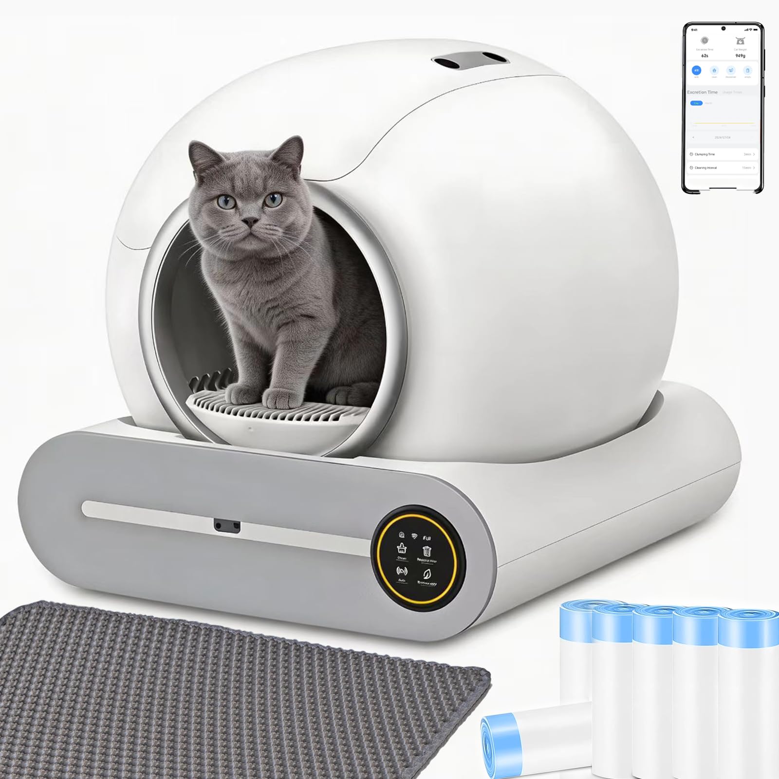 Automatic Cat Litter Box 65 L + 9 L Self-Cleaning Cat Litter Box, Application Control, Odor Elimination System with 6 Rolls of Trash Bags (White)