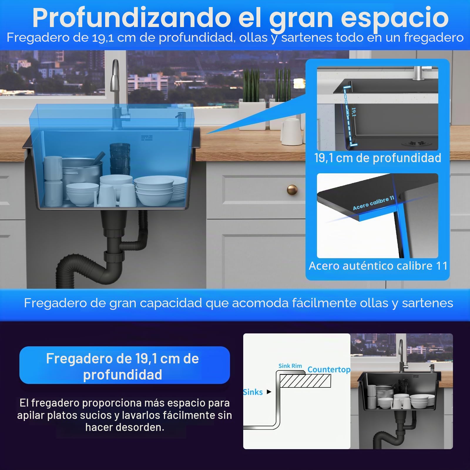 Fregadero Cocina 55 x 45cm,Fregadero Cocina en Acero Inoxidable,Fregadero Bajo Encimera o Sobre Encimera con Filtro de Drenaje,Sifón e Juego de Desagüe