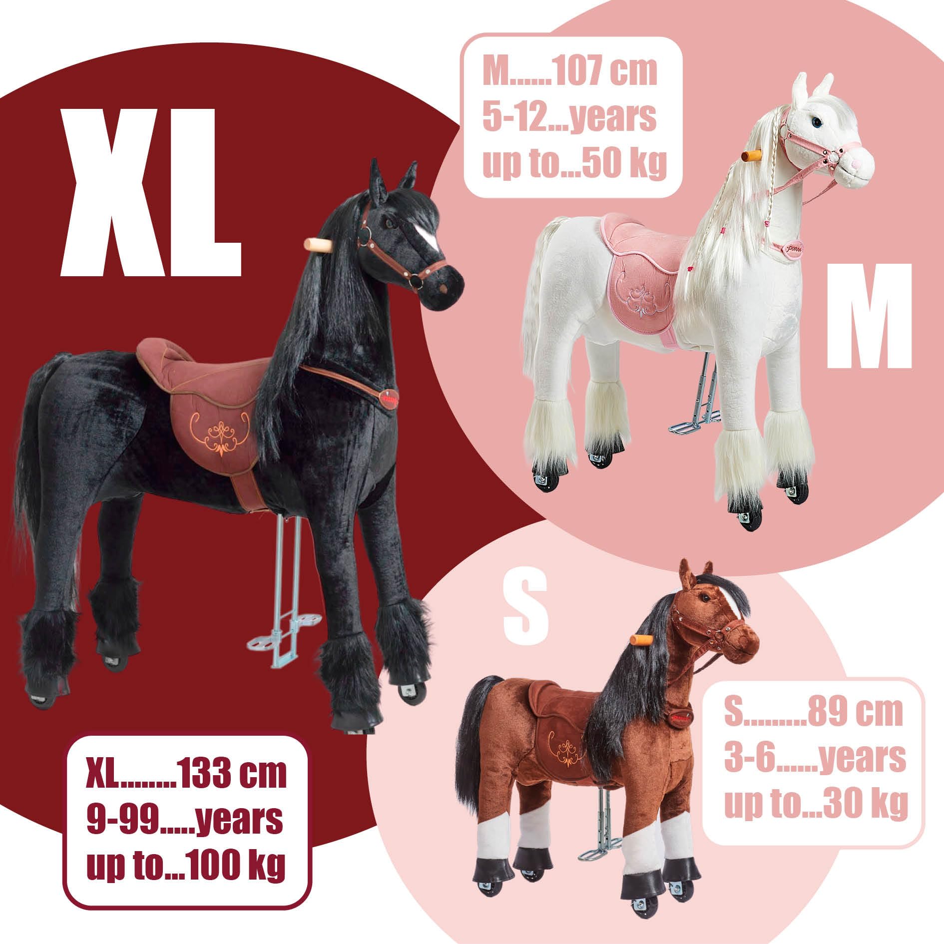 PONNIE Reitpferd mit Rollen Tiara M für Kinder 5-12 Jahre (50 kg) – Ohne Batterie – Mitwachsend Dank höhenverstellbarer Steigbügel – Kämmbar mit abnehmbarem rosa Sattel – Für drinnen&draußen – 107 cm