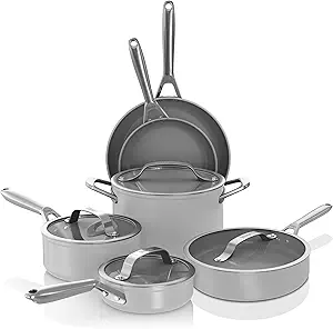 Ninja Ceramic Pro 10Piece Cookware Set, NonStick Pots & Pans Set with Glass Lids, Nontoxic, PTFE Free, Ceramic Coated, Stove to Oven Safe, All Stovetops & Induction Compatible, Neutral Gray, CW39010GY