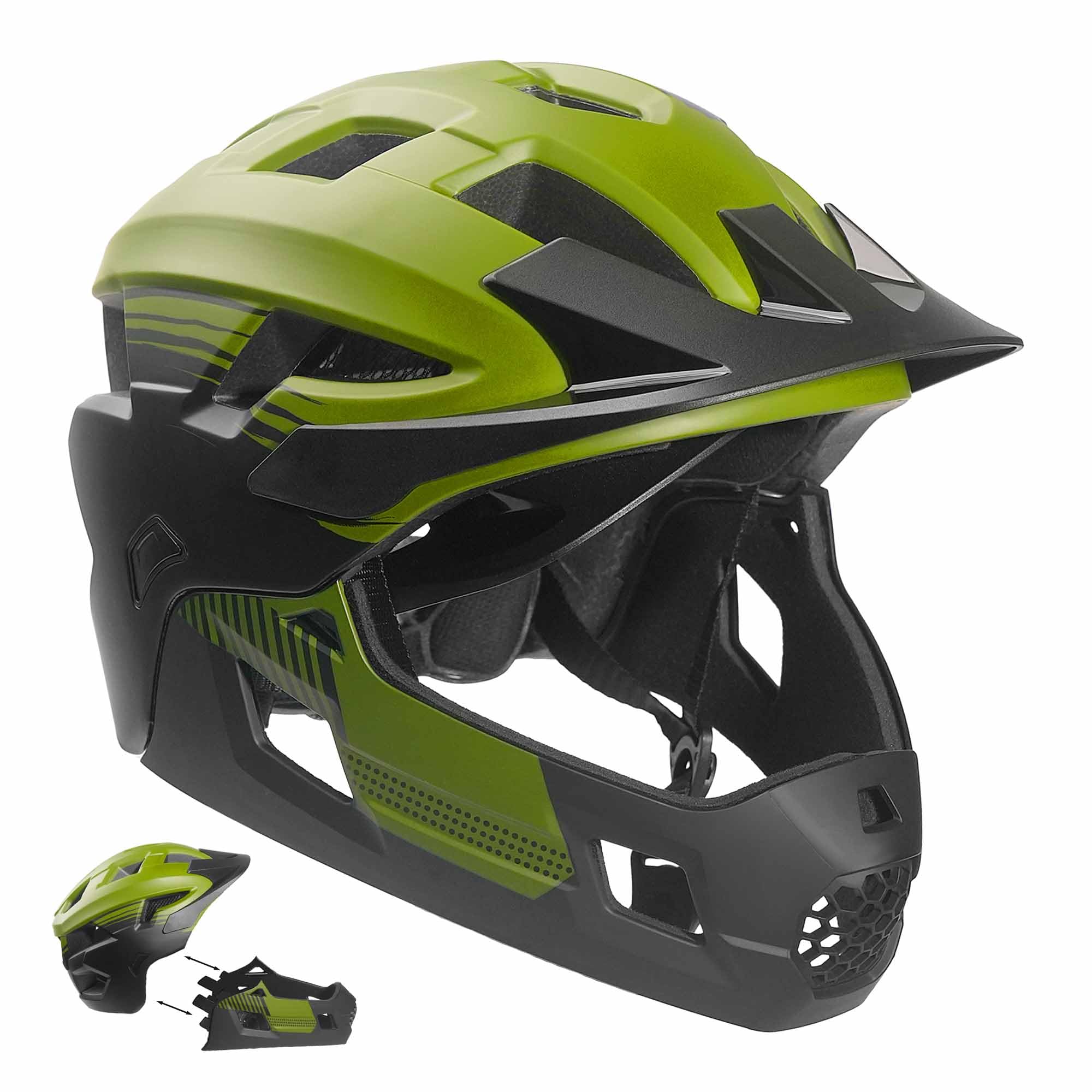 Crazy Safety Casque Vélo Intégral - Vert | Casque 2-en-1 pour BMX, VTT, Patinage | Casque Enfant intégral avec mentonnière Amovible | Casque de Motocross Taille M 54-57 cm | Ajustement sécurisé