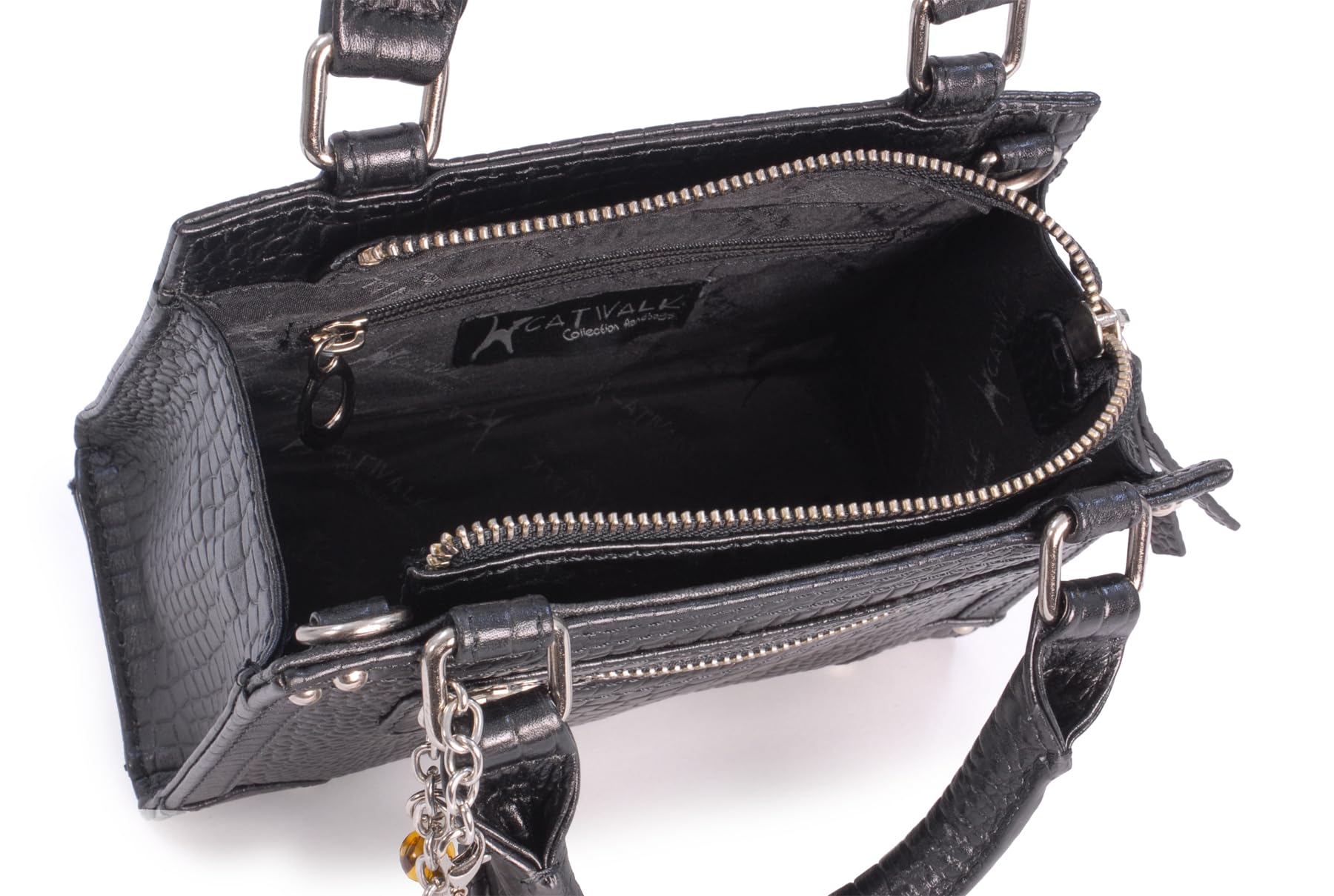 Catwalk Collection Handbags - Bolso de Mano con Correa Bandolera - Bolso con Asa Pequeño - Bolsito Mujer - Piel Efecto Cocodrilo - Raven