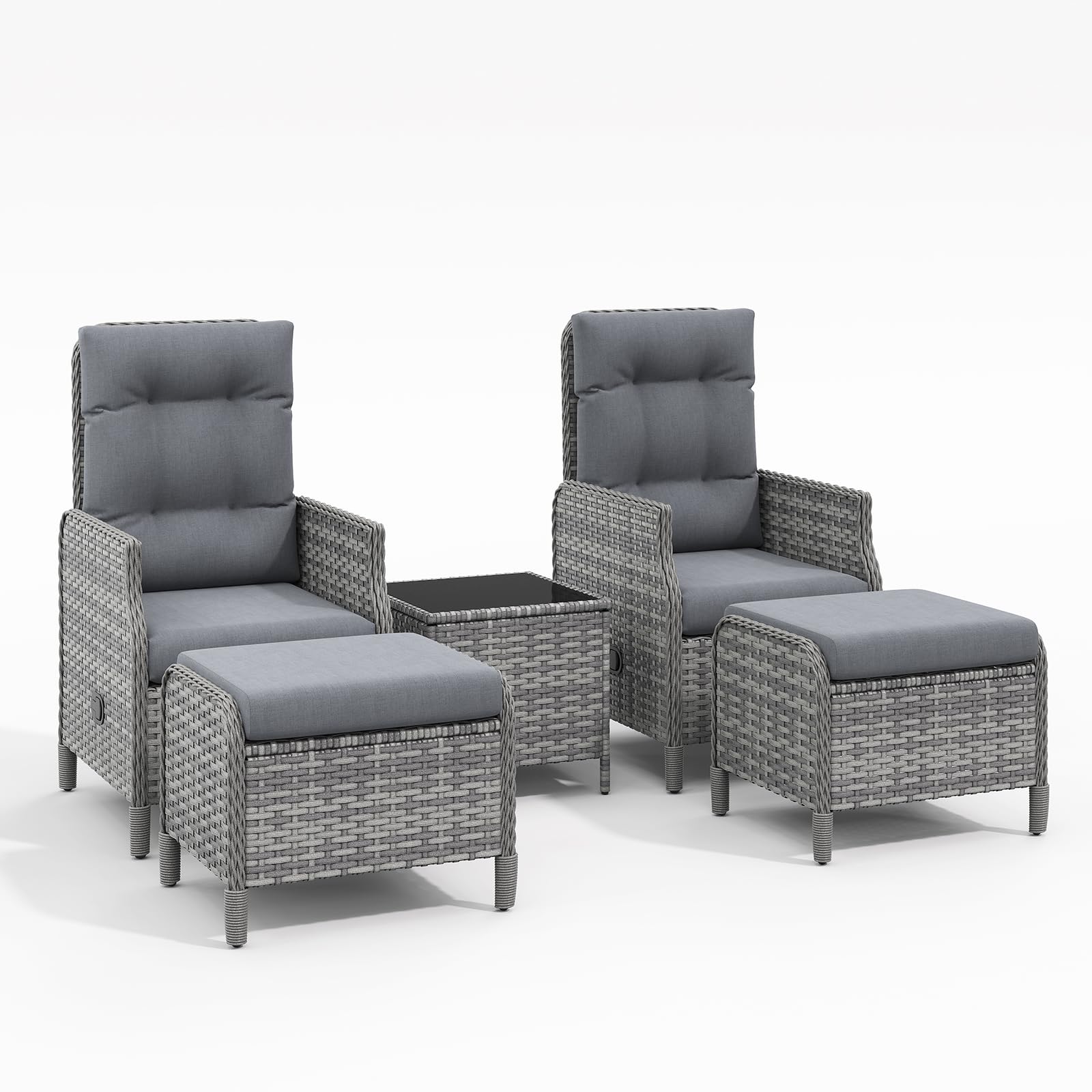 Amopatio Rattan Gartenmöbel Set mit 2 Verstellbarem Rattan Sessel, 2 Hocker & Glastisch, Wetterfest Lounge Möbel Outdoor mit Softkissen, für Garten,Terrasse & Balkon, Grau-meliert & Dunkelgraue Bezüge