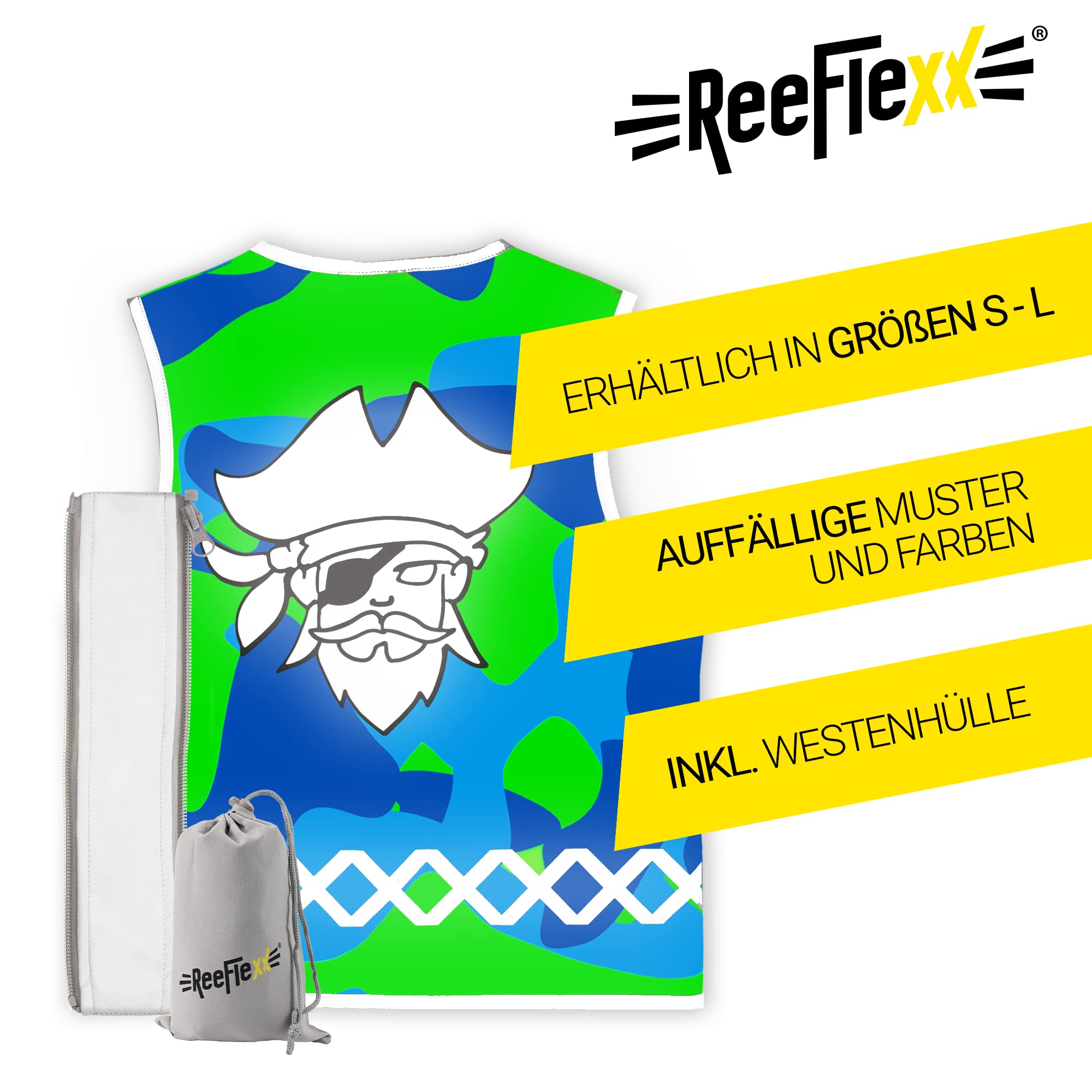 REEFLEXX Coole Kinder Warnweste inkl. Größen-Adapter, reflektierende Weste, erhöhte Sichtbarkeit im Straßenverkehr durch Reflektoren, Farben und Muster - Größe S, M und L