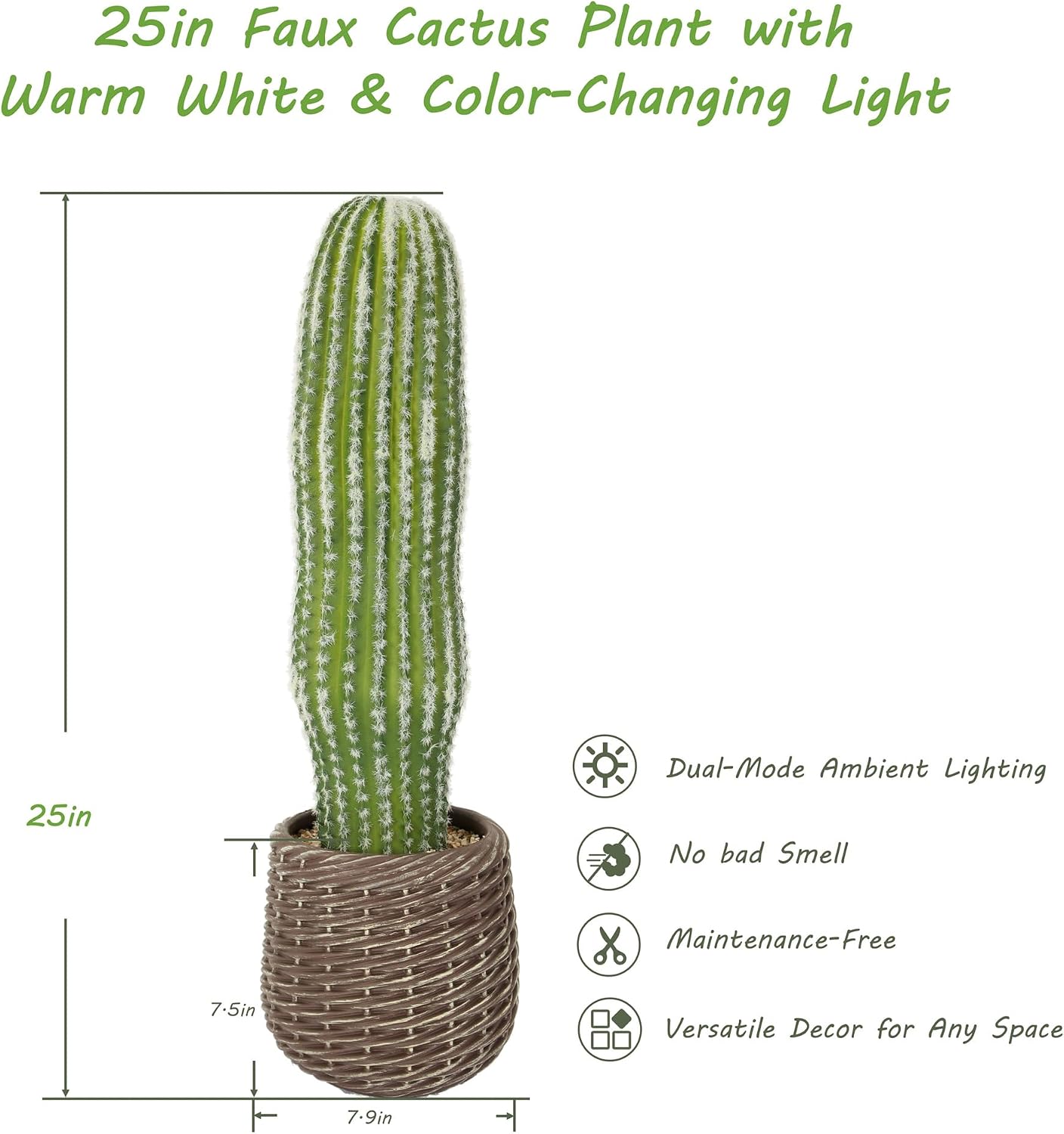 Nafresh Fake Cactus Plant with Warm White/Color Changing Light, 25in Artificial Cactus Plants Indoor in Brown Decorative Planter, Realistic Faux Cactus for Home Office Living Room Porch Decor