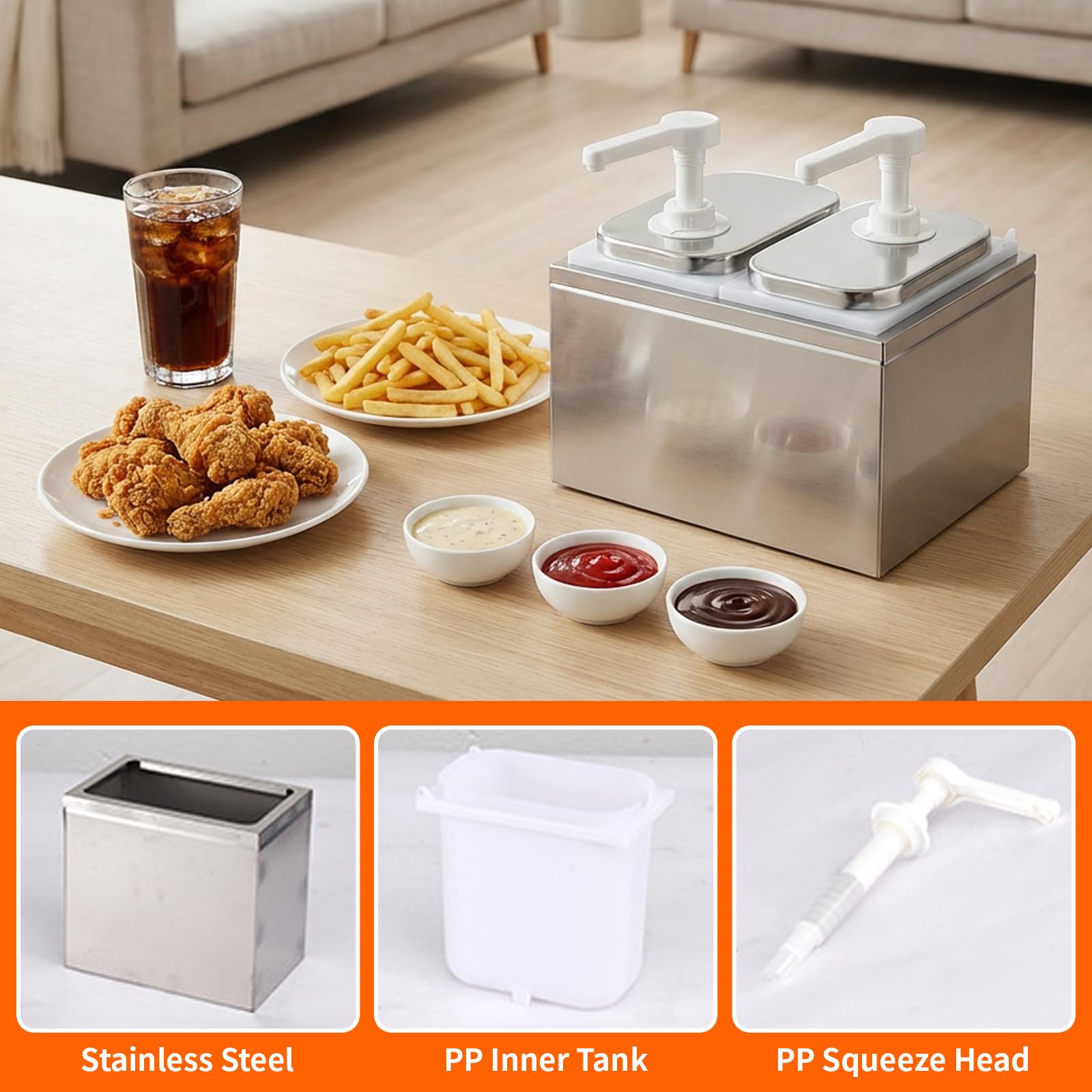 4L Ketchup Spender - Saucenspender Pumpstation, Tropffrei, 30 ml pro Pumpstoß, Ideal für Ketchup, Mayo, Senf, Gastro Saucen-Spender, 2X 2L