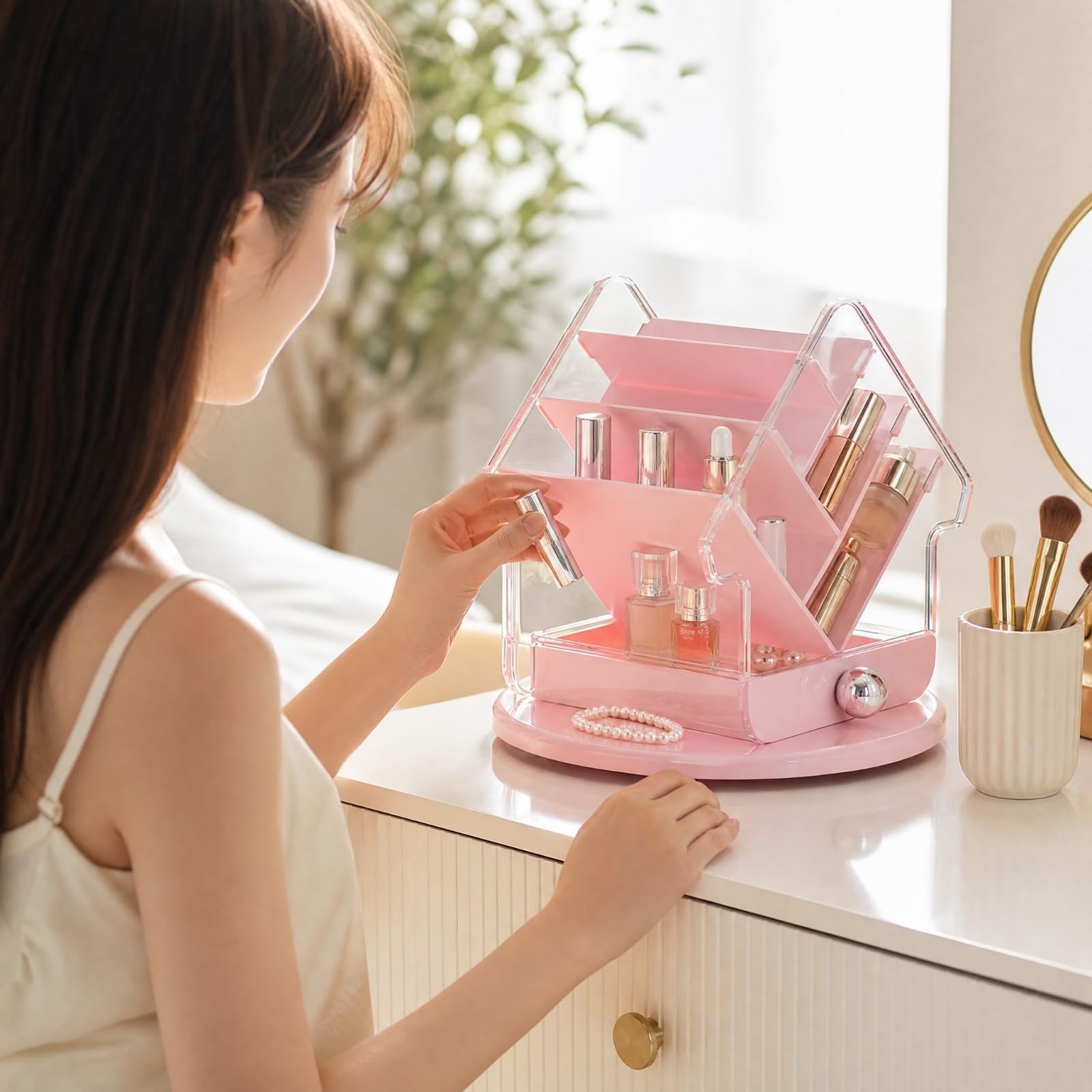 Organiteur Bijx Cosmétiques Traparent Support Maquillage en Forme Compact Rangement Maquillage Rotatif pr Chambre, Jaune Rose